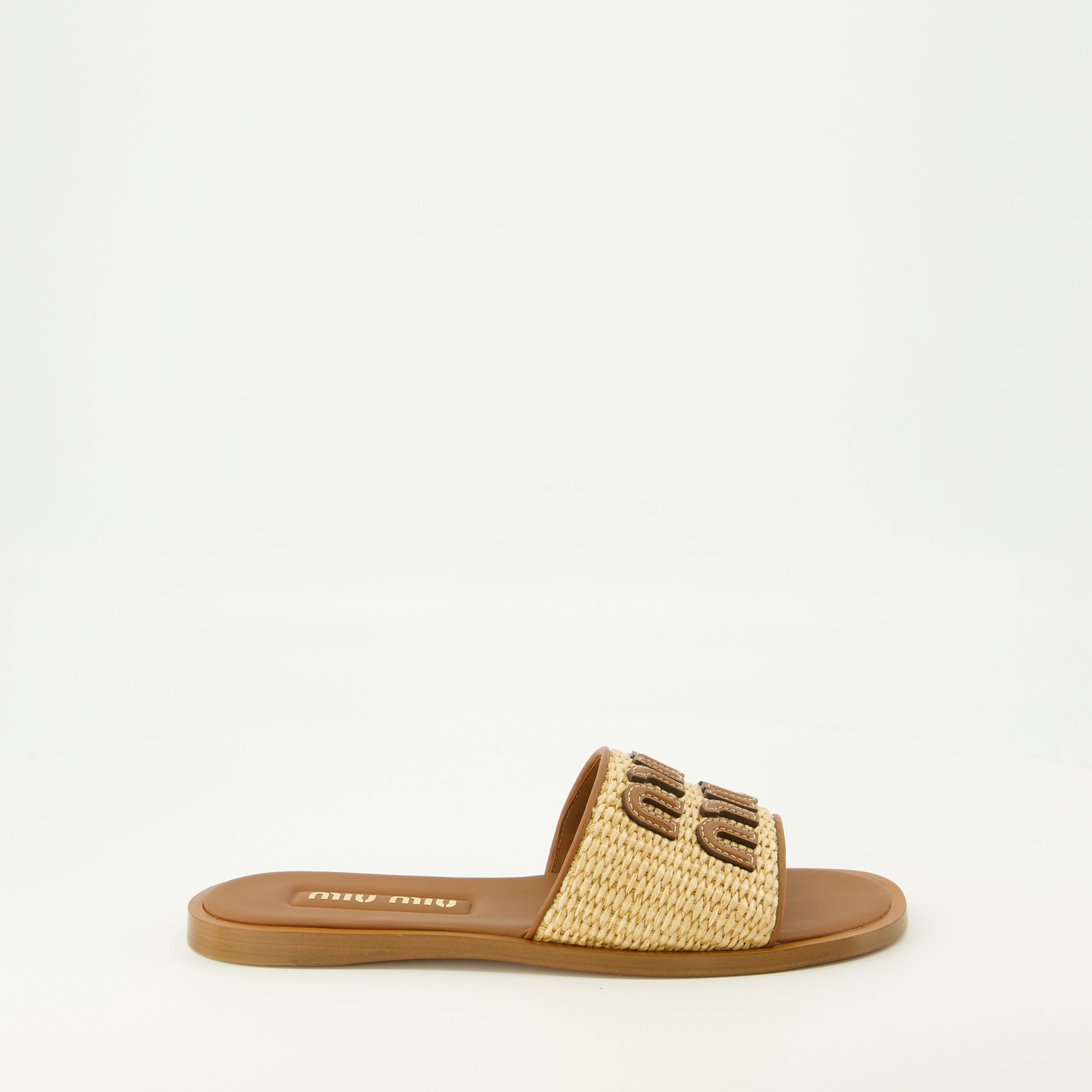Brown Leather and Raffia Slides Miu Miu - Women – myCompañero