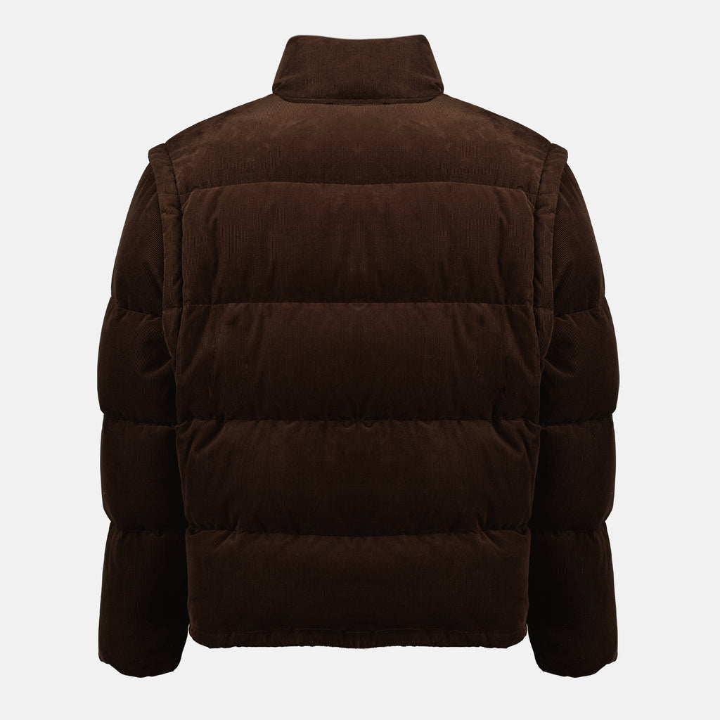 Image of the brown corduroy puffer jacket from Prada for Men - Autumn-Winter 2025 - Back View