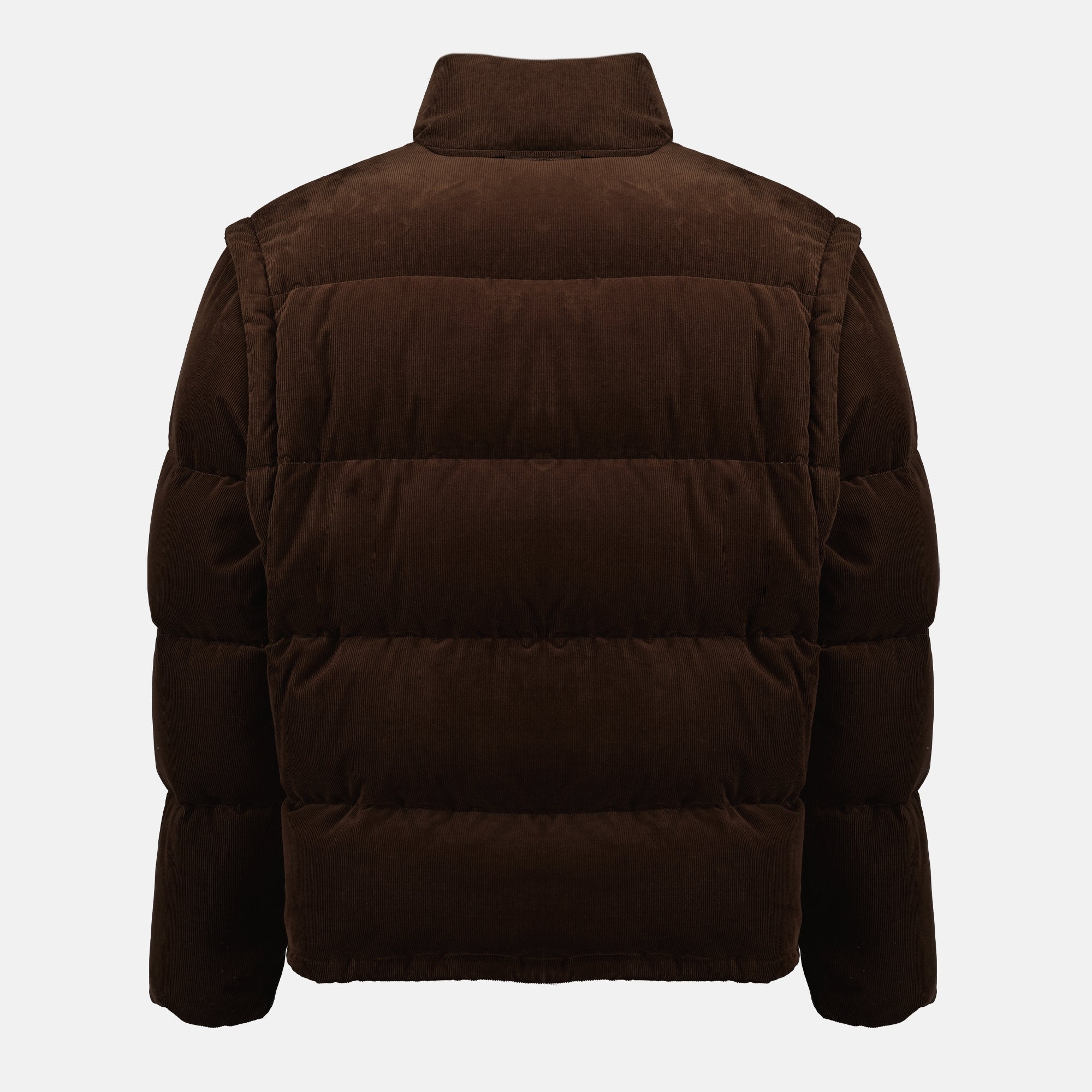 Image of the brown corduroy puffer jacket from Prada for Men - Autumn-Winter 2025 - Back View