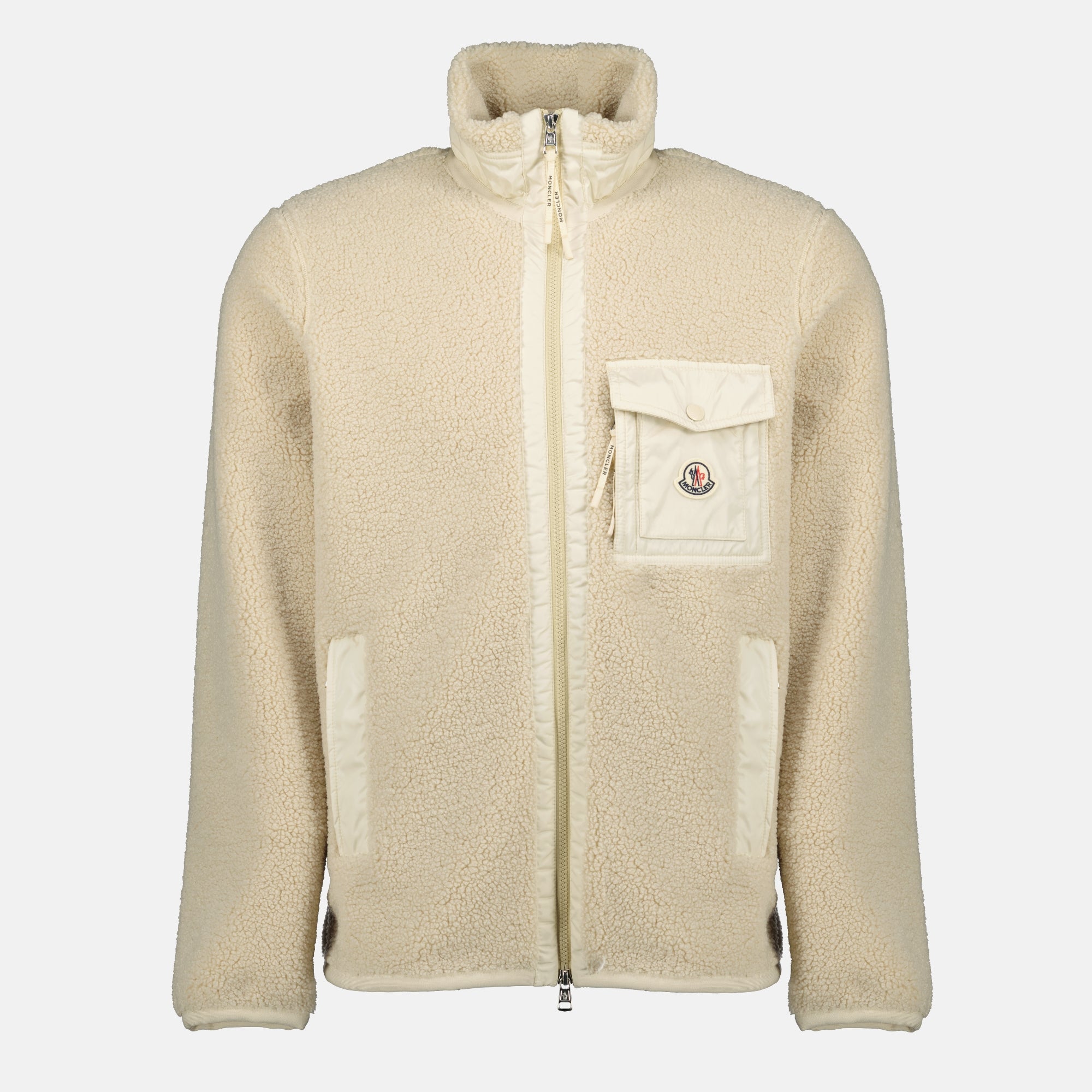 Image of Moncler's beige teddy zip-up jacket for Men - Fall-Winter 2025 - Front View