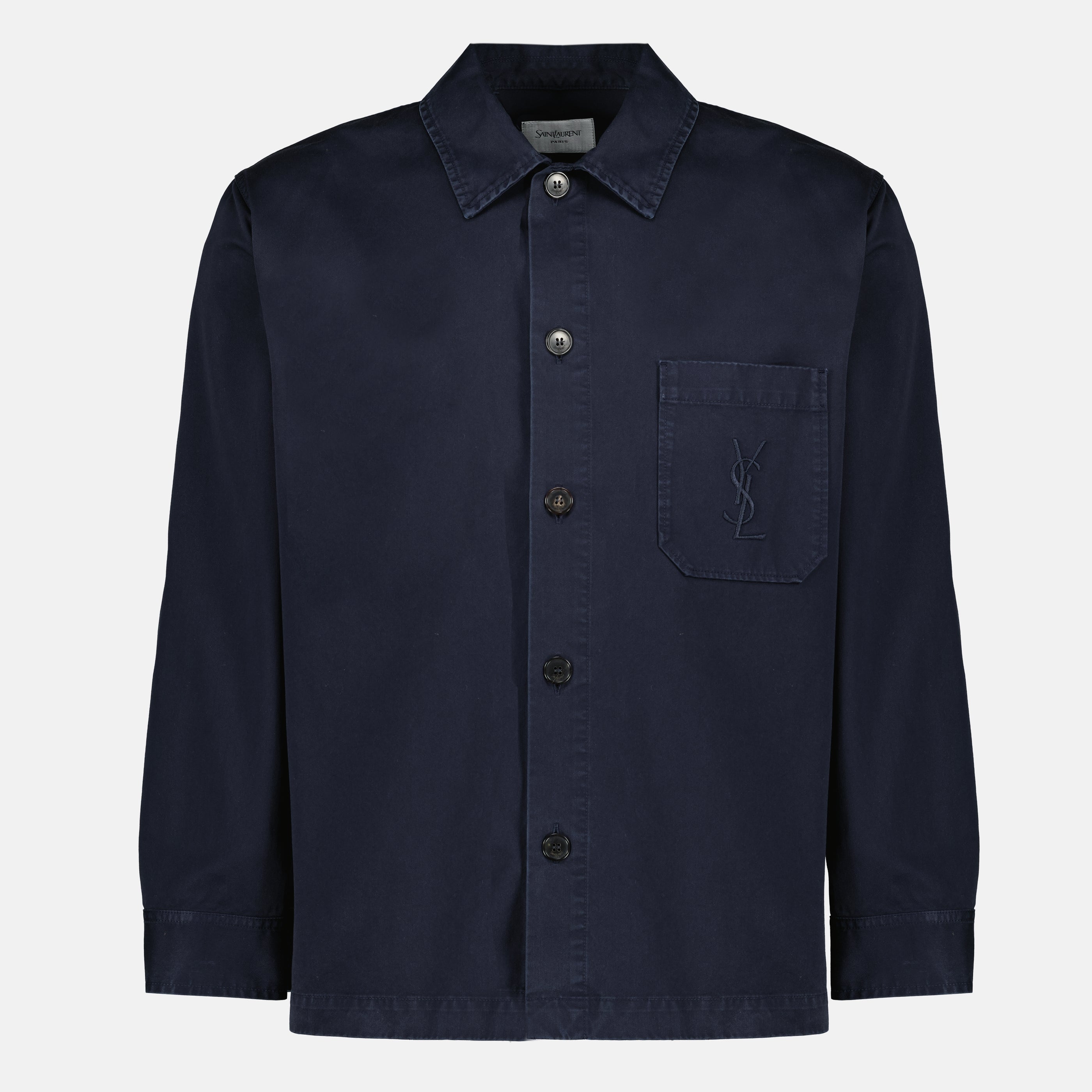 Immagine della camicia overshirt in cotone blu navy di Saint Laurent per uomo - Stagione Primavera-Estate 2026 - Vista Frontale