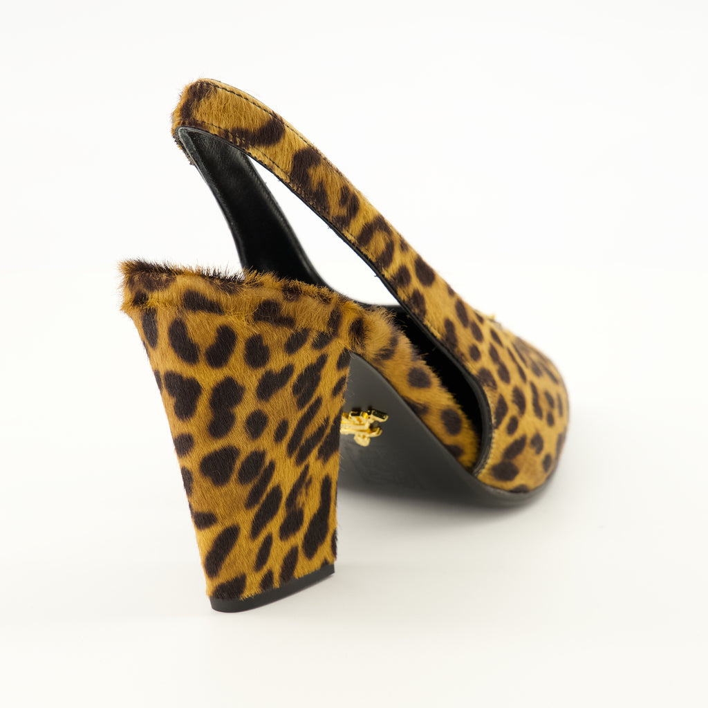 Escarpins Sapatos de Salto em Pele com Padrão de Leopardo Prada Marron Femme