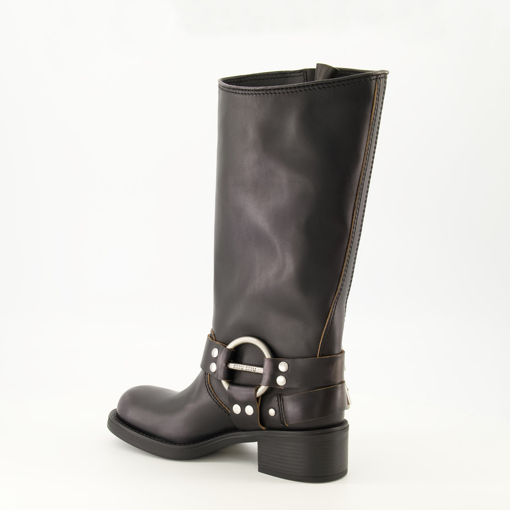 Bottes Botas de Couro Pretas Miu Miu Noir Femme