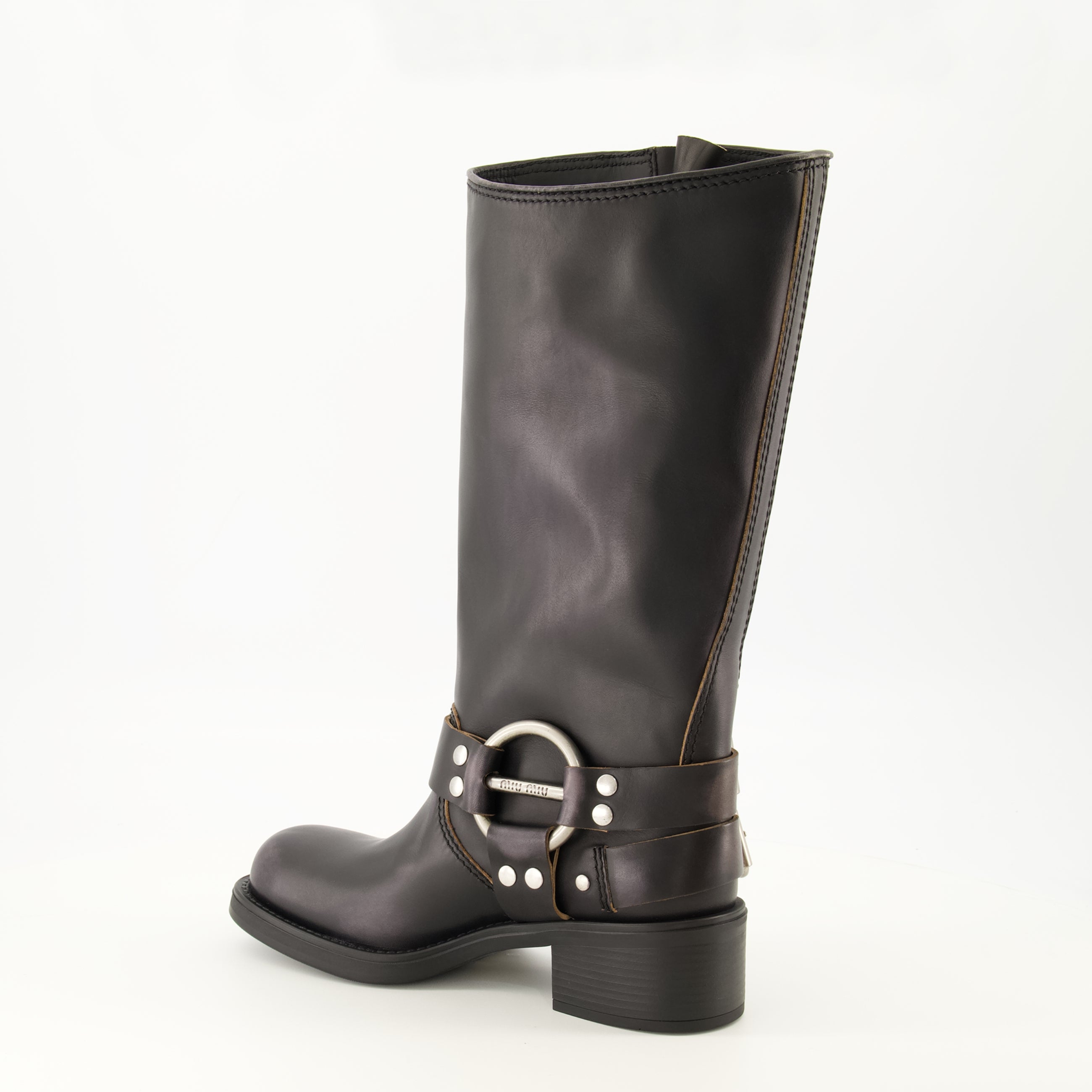 Bottes Botas de Couro Pretas Miu Miu Noir Femme