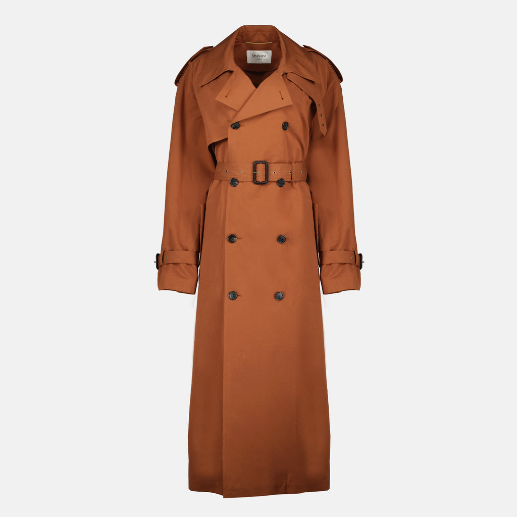 Manteaux Trench Coat em Algodão e Seda Castanho Saint Laurent Marron Femme