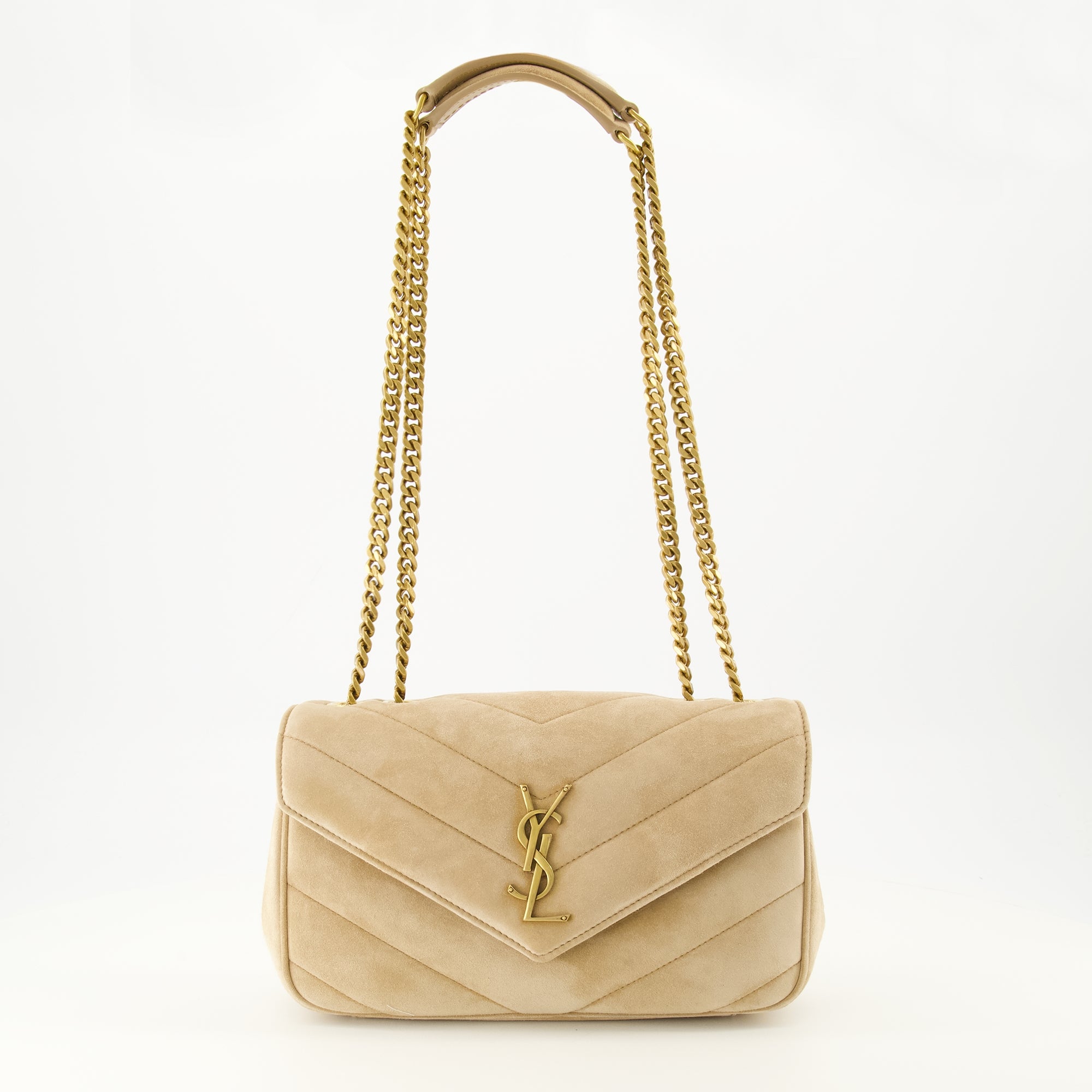 Image de l'article Sac Loulou small en suède beige de la marque Saint Laurent pour Femme - Saison Printemps-Été 2026 - Vue de Face