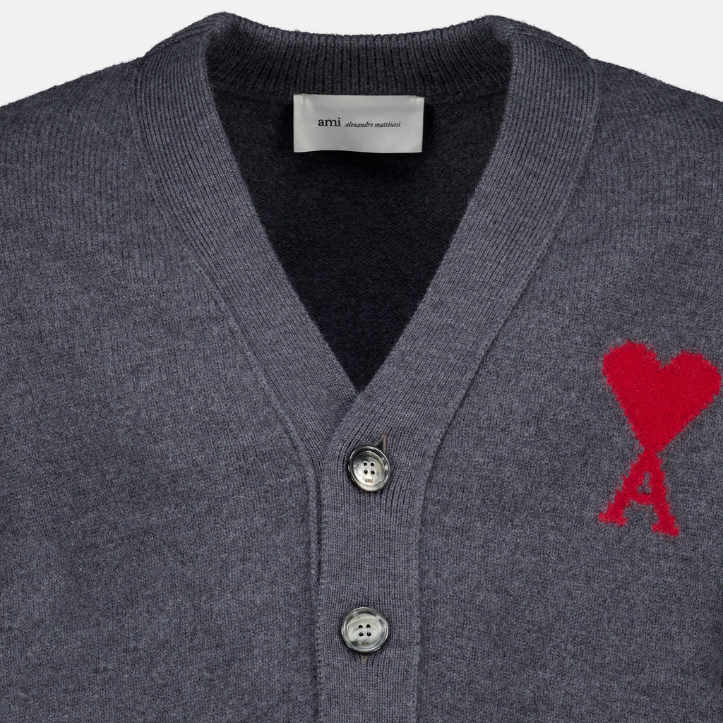 Maille AMI Heart Cardigan in Grey Wool Ami PARIS Gris Unisexe