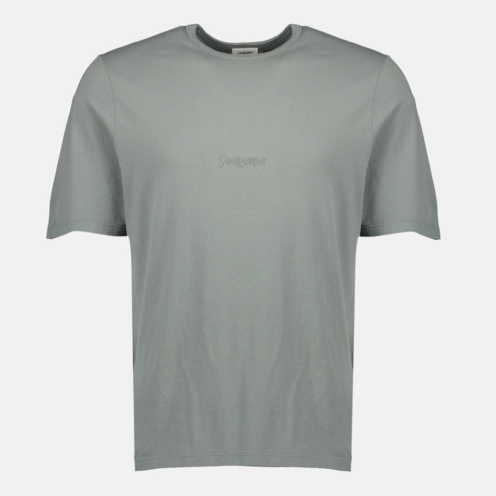 Image of the gray embroidered T-shirt from the brand Saint Laurent for Men - Fall-Winter 2025 - Front View