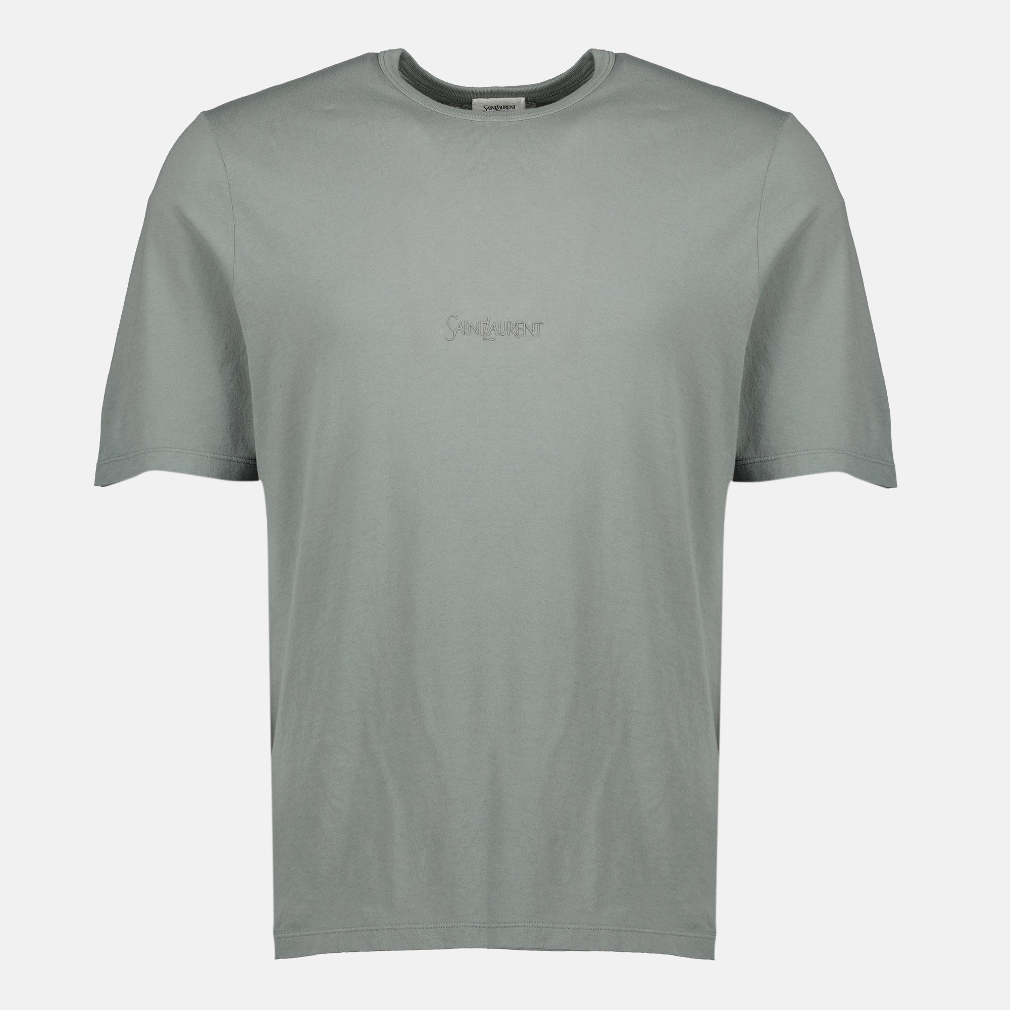 Image of the gray embroidered T-shirt from the brand Saint Laurent for Men - Fall-Winter 2025 - Front View