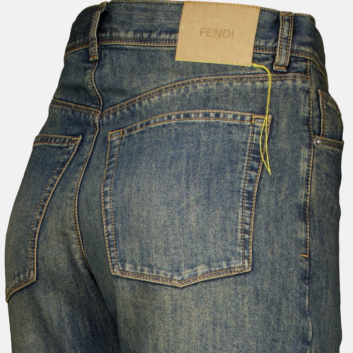 Pantalons Jean droit à coutures jaunes contrastantes Fendi Bleu Femme