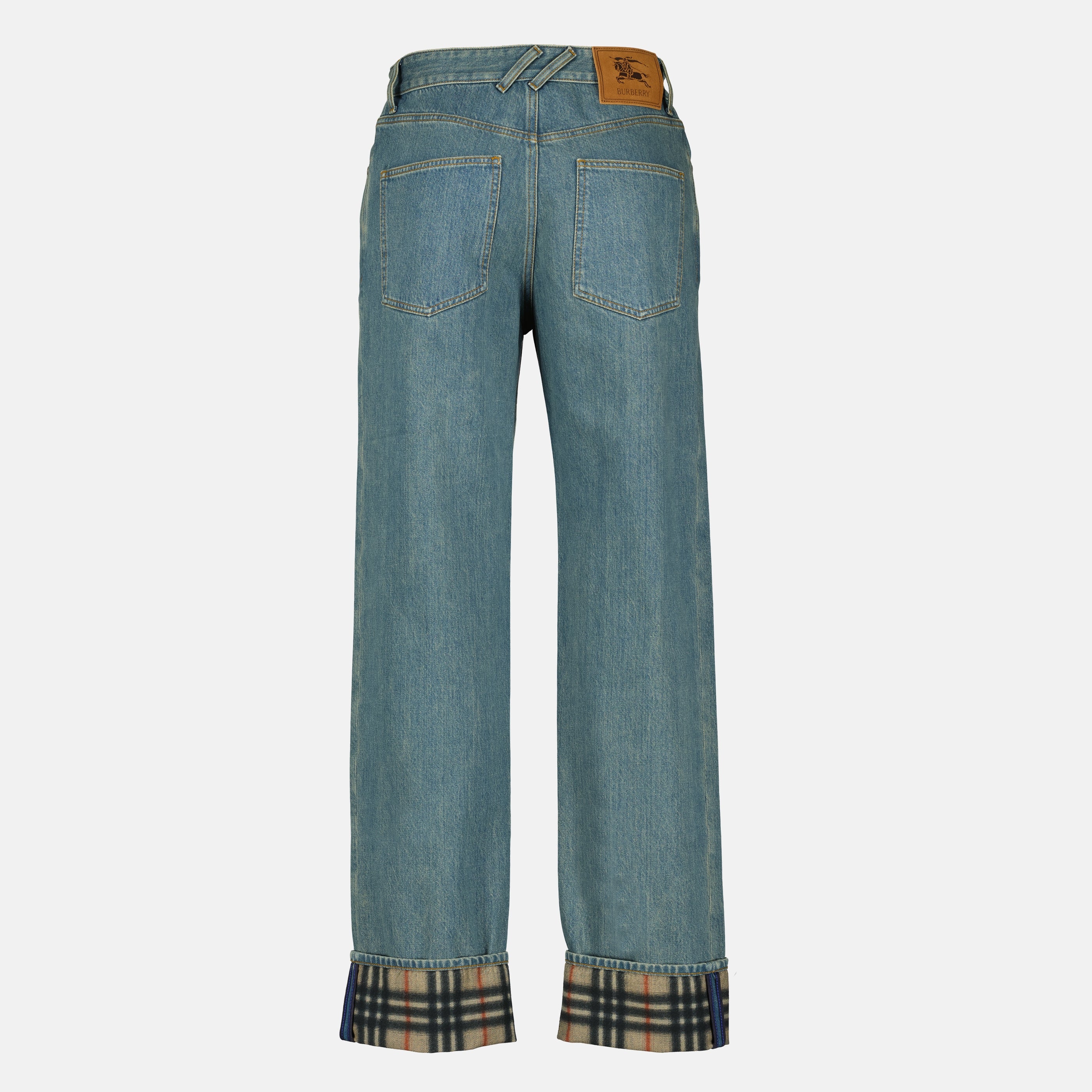 Pantalons Jean en denim à revers Check Burberry Bleu Homme