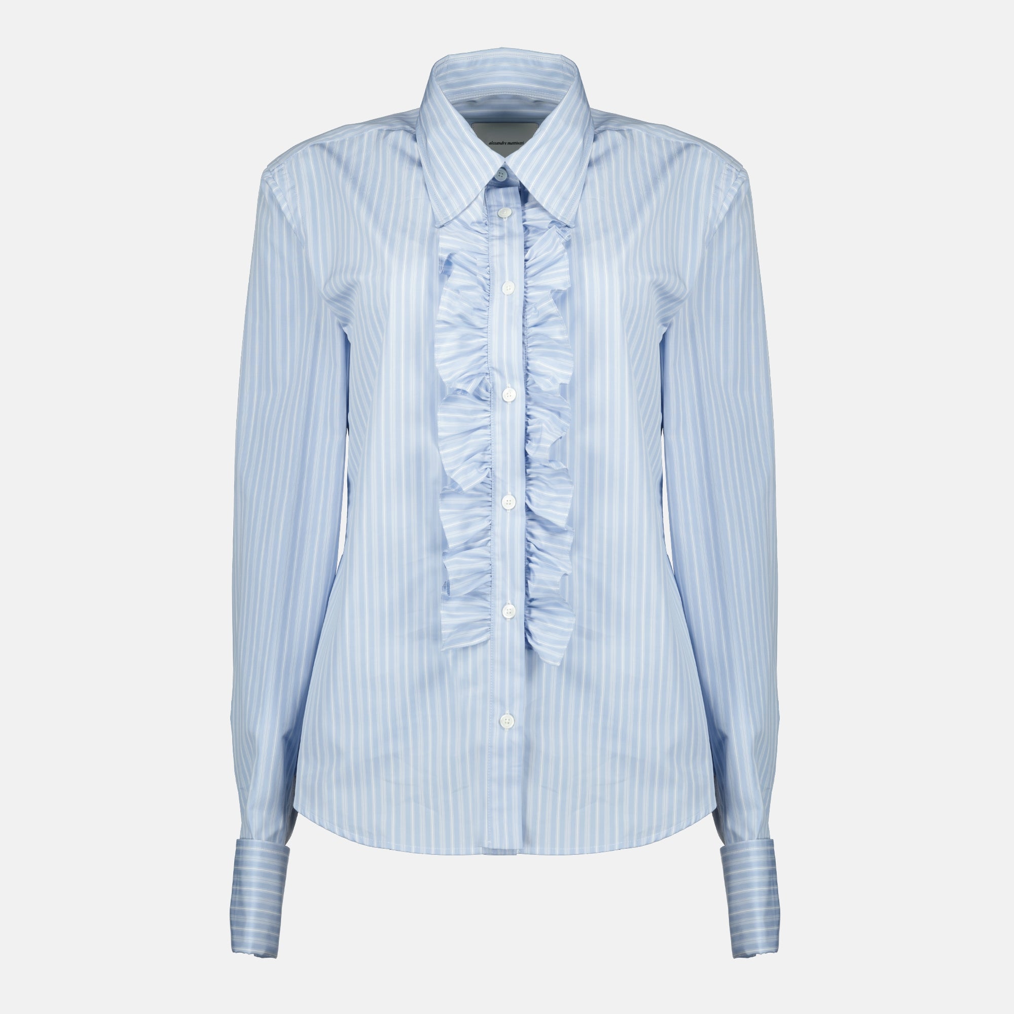 Image of the fitted blue Jabot shirt from the brand Ami PARIS for Women - Spring-Summer 2026 - Front View