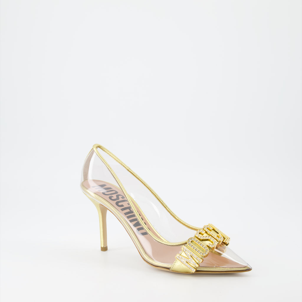 ヒール クリスタルポンプ Moschino 金 女性