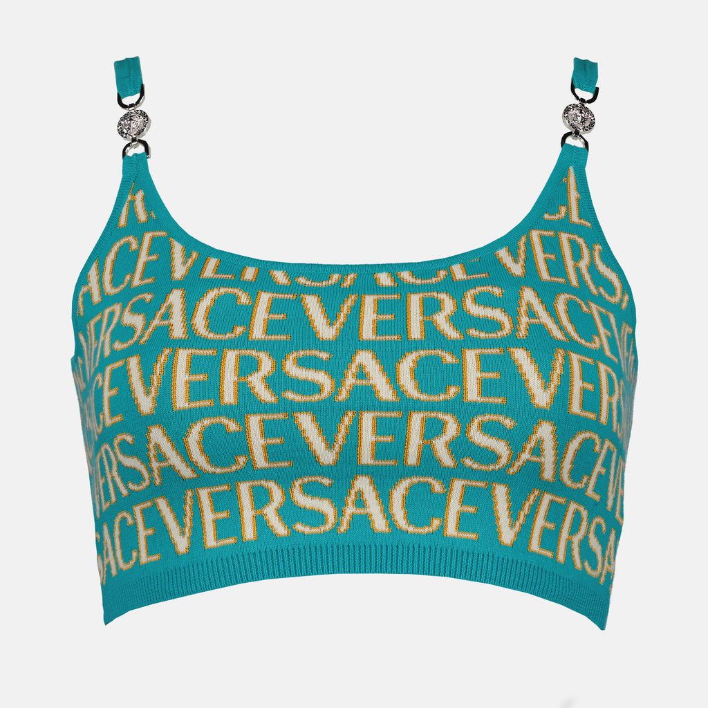 トップス ヴェルサーチ オールオーバー メッシュ クロップ トップ Versace 青 女性