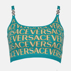 トップス ヴェルサーチ オールオーバー メッシュ クロップ トップ Versace 青 女性
