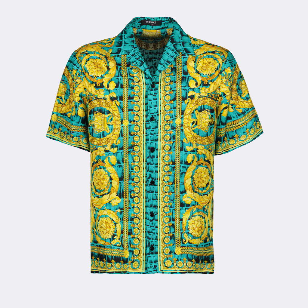 Chemises Chemise Baroccodile en soie Versace Bleu Homme