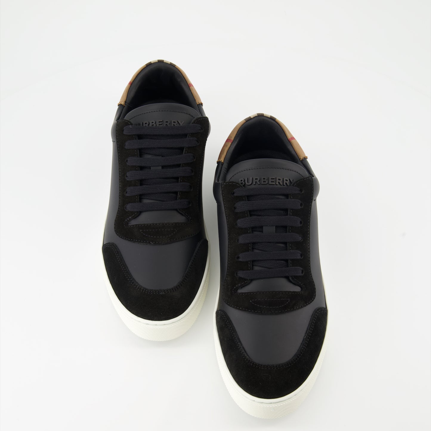 Checked leather and suede sneakers