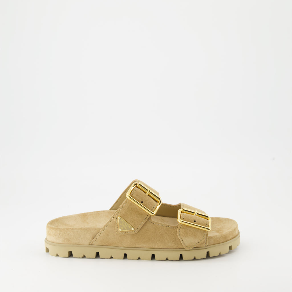 Chaussures ouvertes Claquettes en veau velours Prada Beige Femme