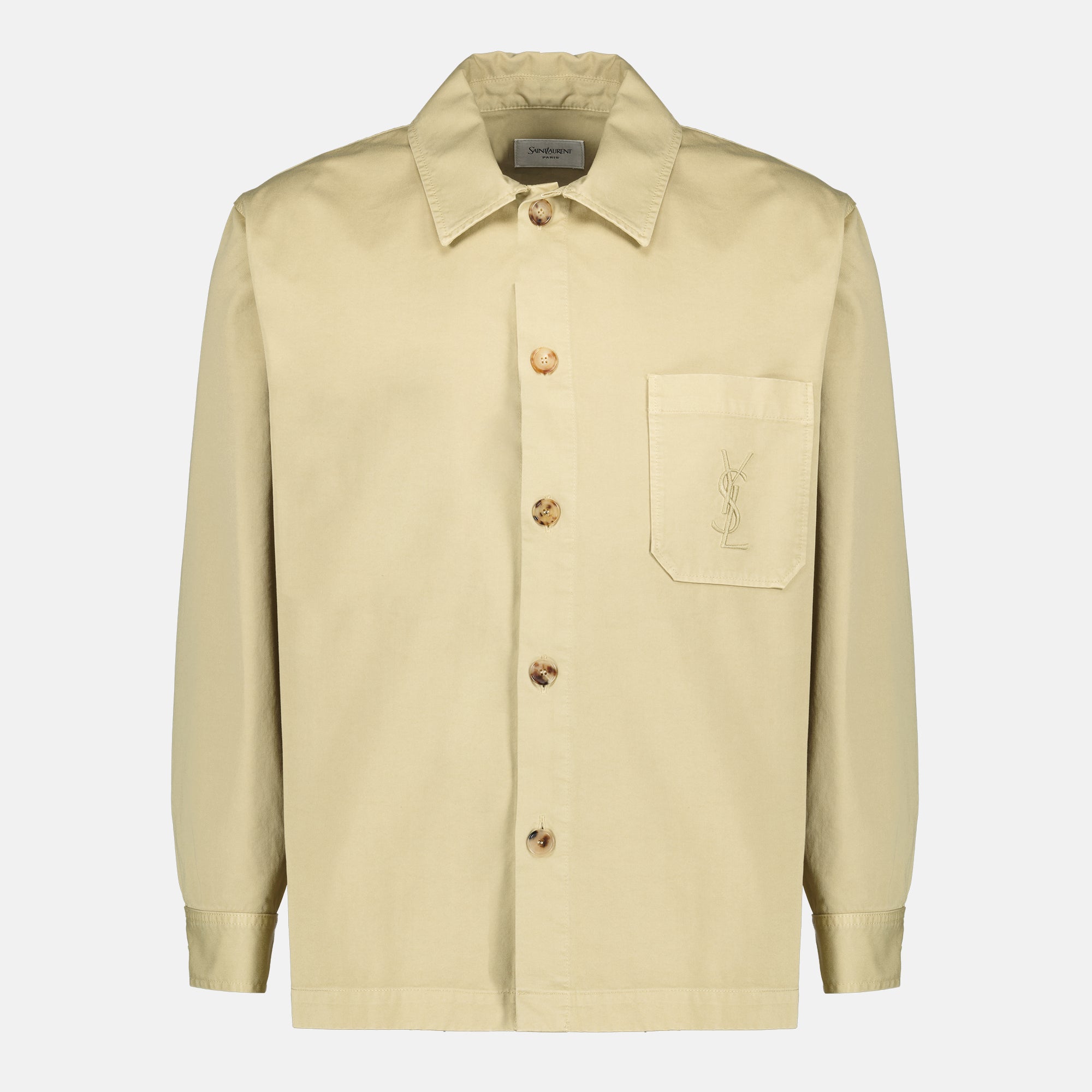 Immagine della camicia overshirt in cotone beige del marchio Saint Laurent per Uomo - Stagione Primavera-Estate 2026 - Vista Frontale