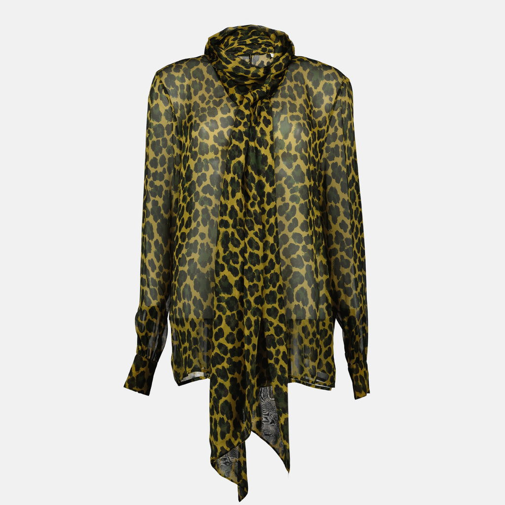 Immagine della blusa con colletto a fiocco in stampa leopardata del marchio Saint Laurent per donna - Stagione Autunno-Inverno 2025 - Vista Frontale