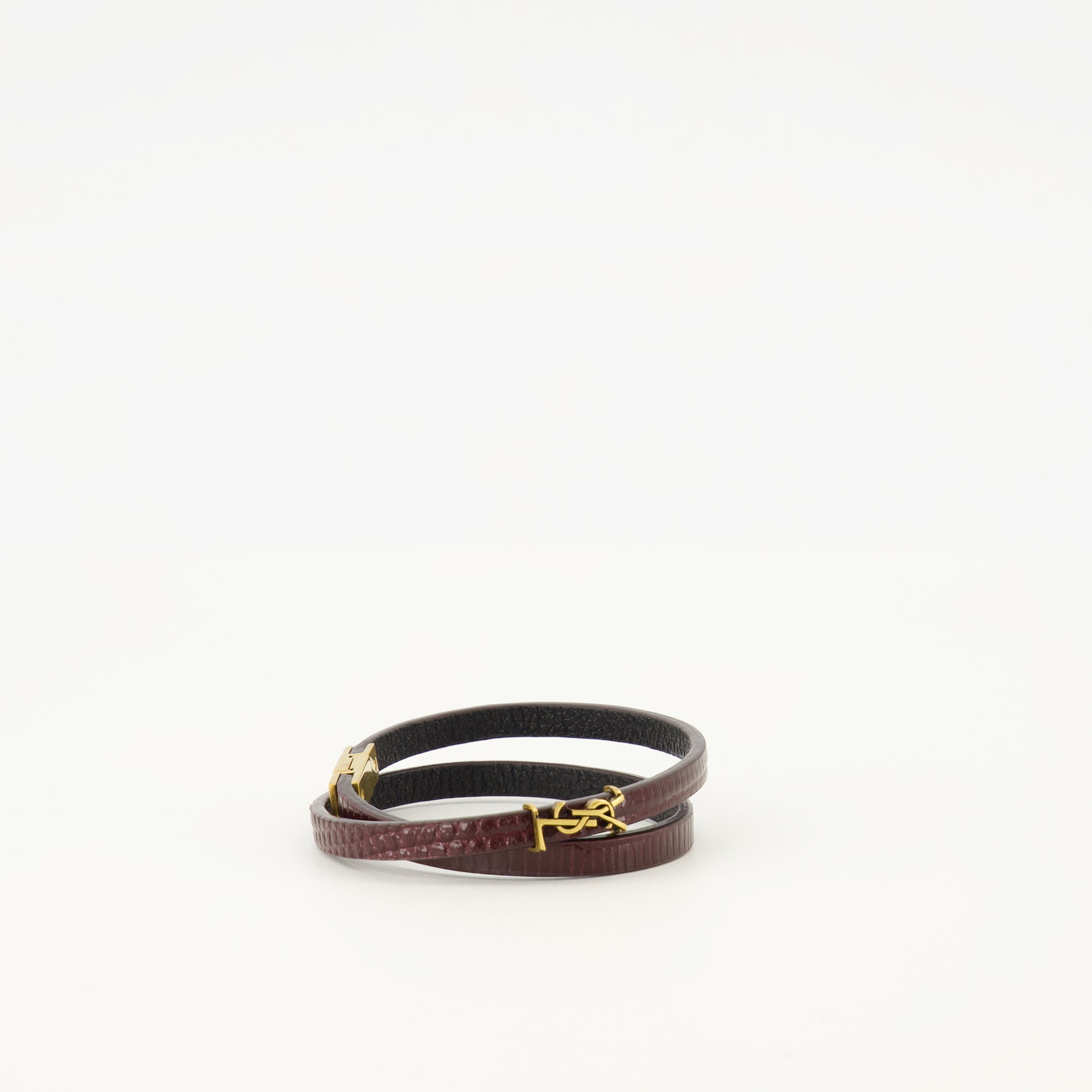 Image of the double tour burgundy crocodile effect bracelet by Saint Laurent for Women - Fall-Winter 2025 - Detailed View_2