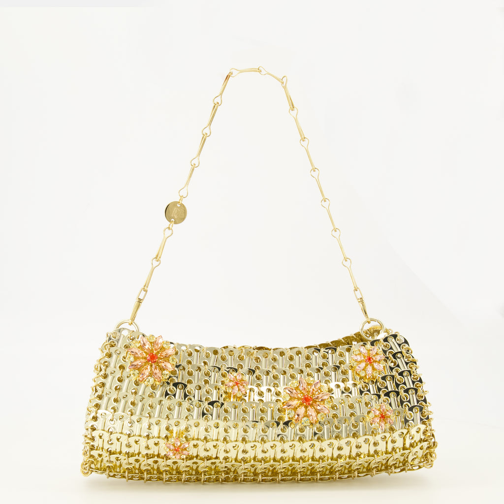 Sacs à main et épaule Pasta Dourada em Metal 1969 com Flores em Strass Rabanne Doré Femme