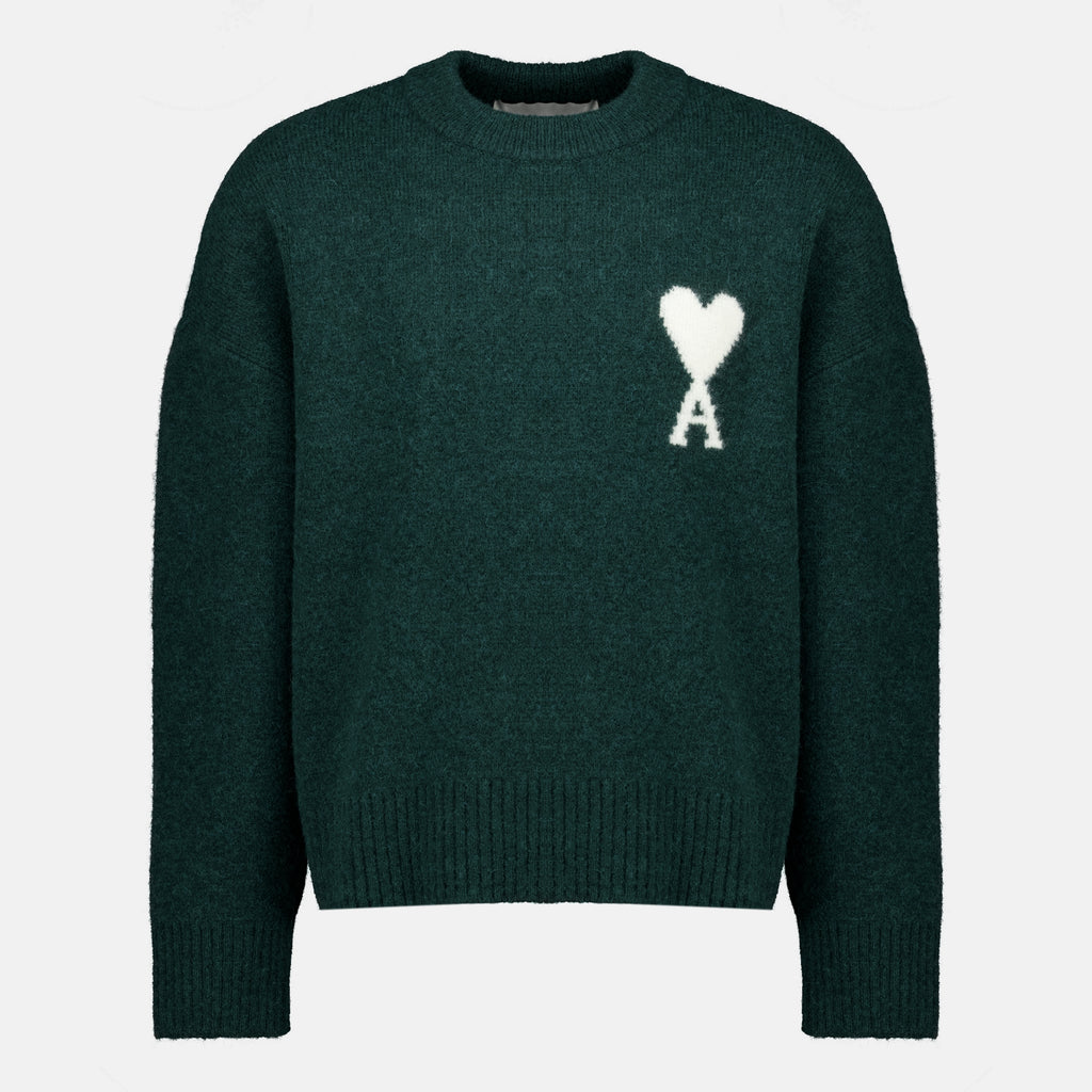 Maille AMI Green Heart Sweater in Alpaca Ami PARIS Vert Unisexe