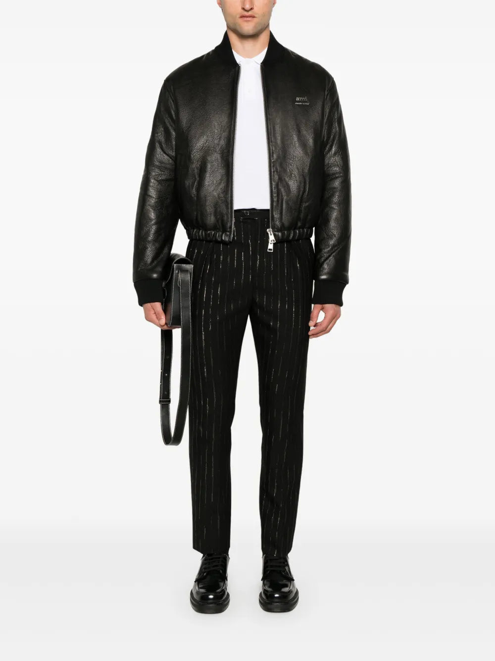 ジャケット・アウター AMERI CRUSHED LEATHER COAT Black Leather Zipped Jacket | AMI PARIS