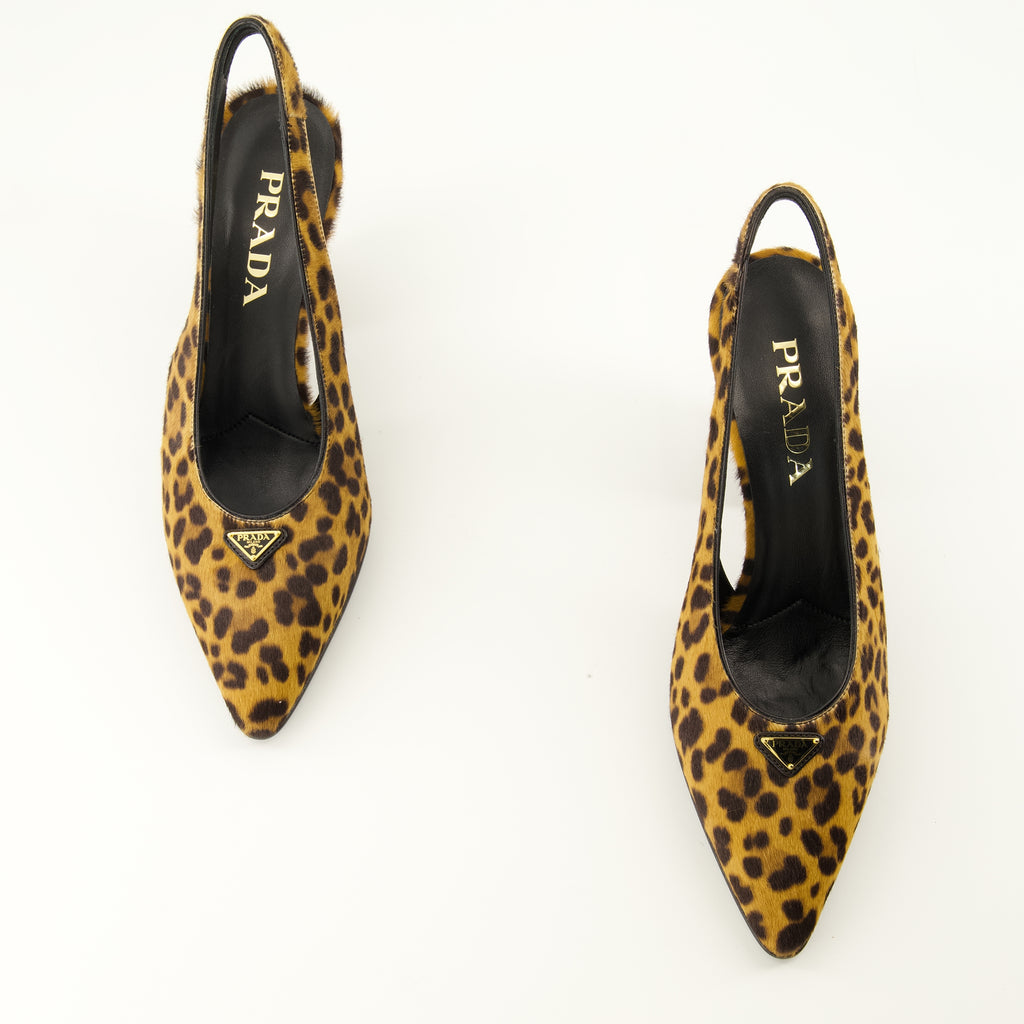 Escarpins Sapatos de Salto em Pele com Padrão de Leopardo Prada Marron Femme