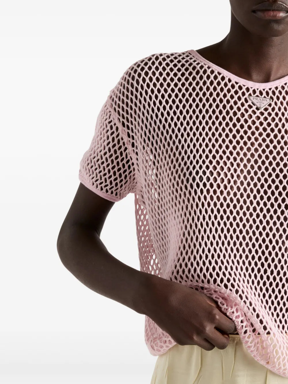 T-shirts Top en mesh de coton Prada Rose Femme