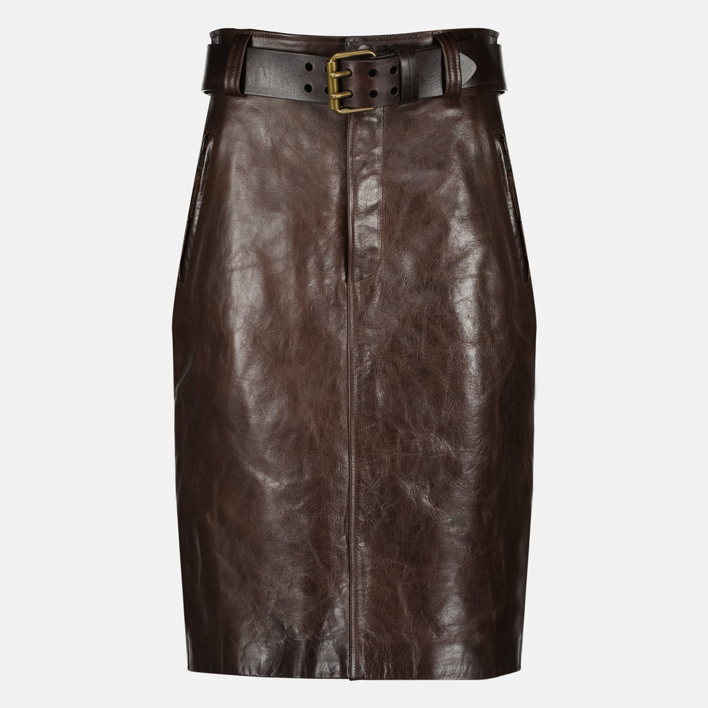 Imagen de la falda lápiz de cuero marrón de Saint Laurent para mujer - Temporada Primavera-Verano 2026 - Vista Frontal