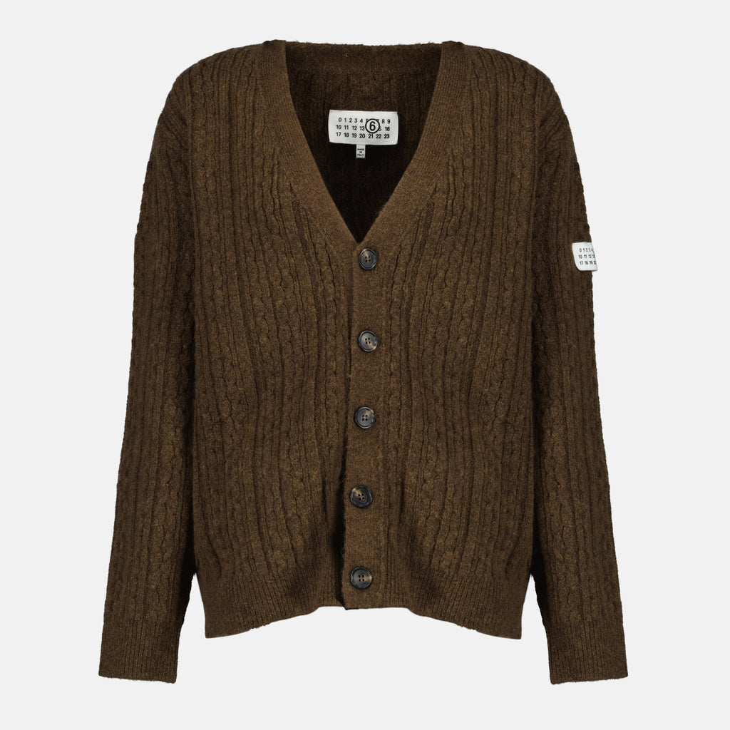 Image de l'article Cardigan en laine côtelée marron de la marque Mm6 pour Femme - Saison Automne-Hiver 2025 - Vue de Face