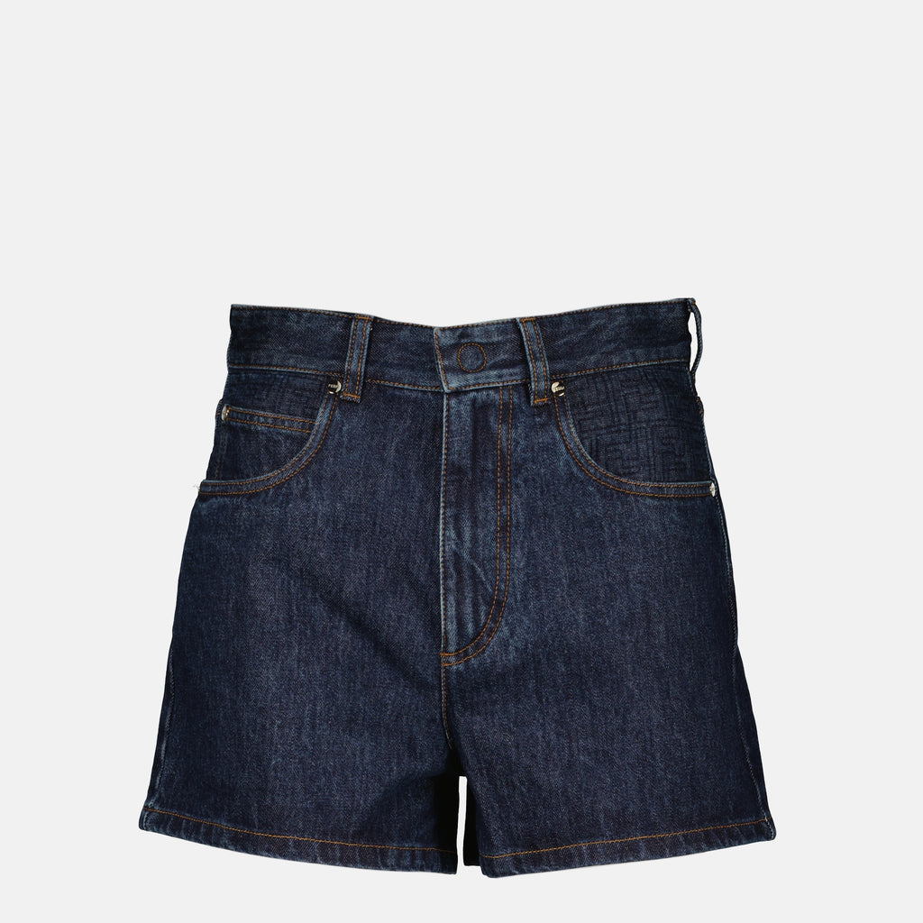Image of the blue denim shorts by brand Fendi for Women - Spring-Summer 2026 - Front View