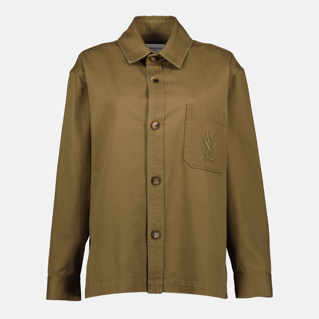 Imagen de la camisa de gabardina caqui de Saint Laurent para mujer - Otoño-Invierno 2025 - Vista Frontal
