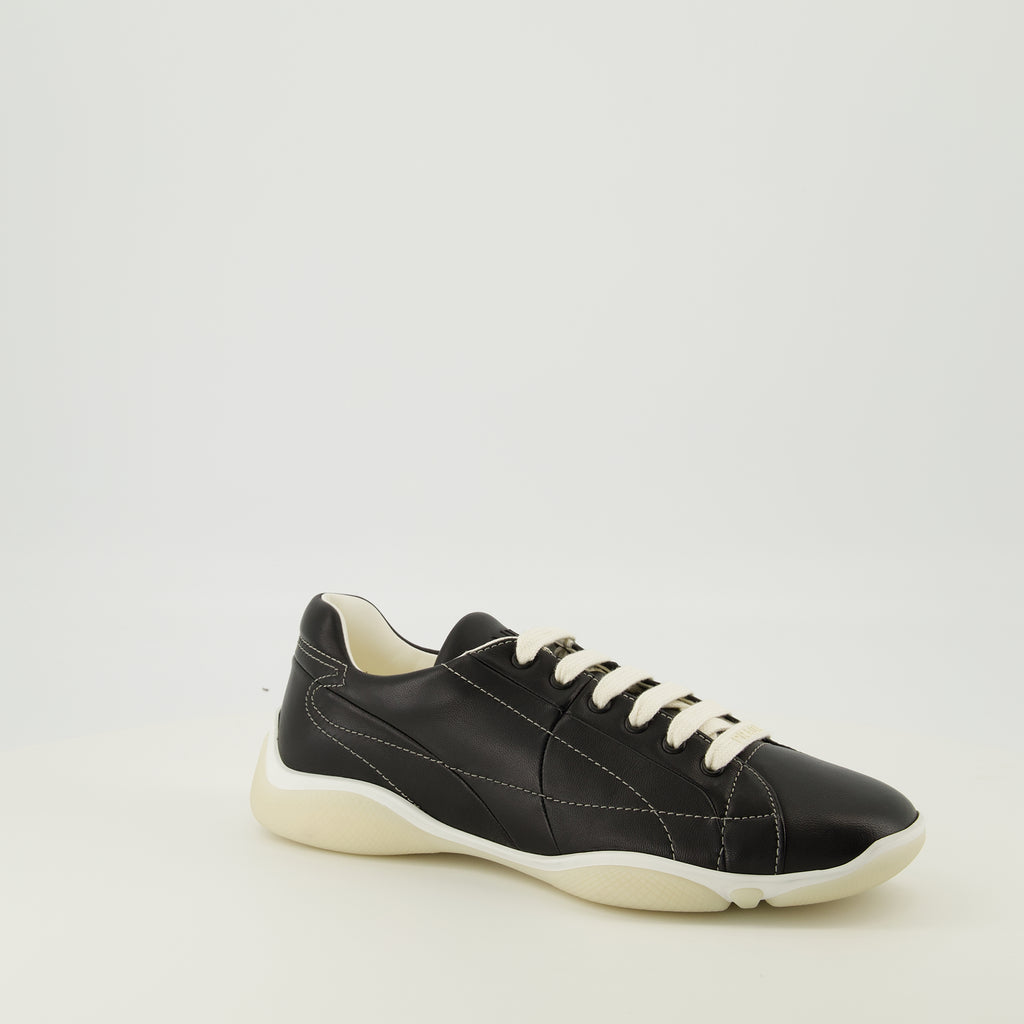 Image of the Prada Men's Black Leather America's Cup Sneakers - Fall-Winter 2025 - Three-quarter front right view