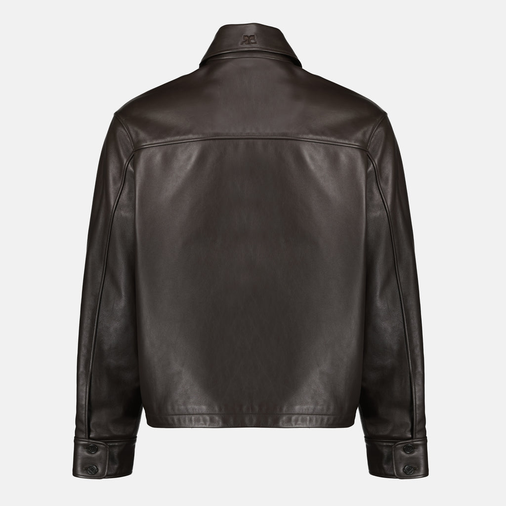 Image of the item Brown leather zip jacket by Courrèges for Men - Spring-Summer 2026 - Back view