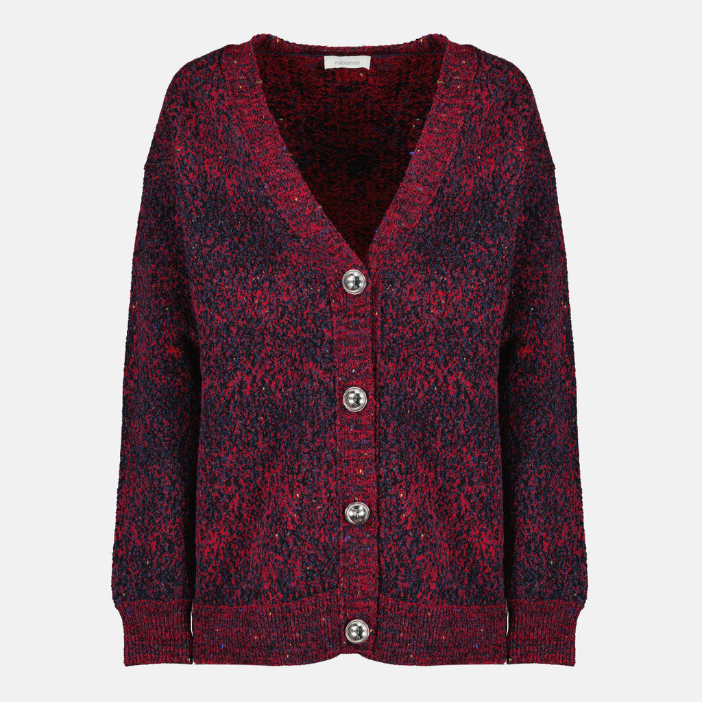 Immagine del cardigan rosso in cotone effetto tweed di Rabanne per donna - Stagione Primavera-Estate 2026 - Vista Frontale