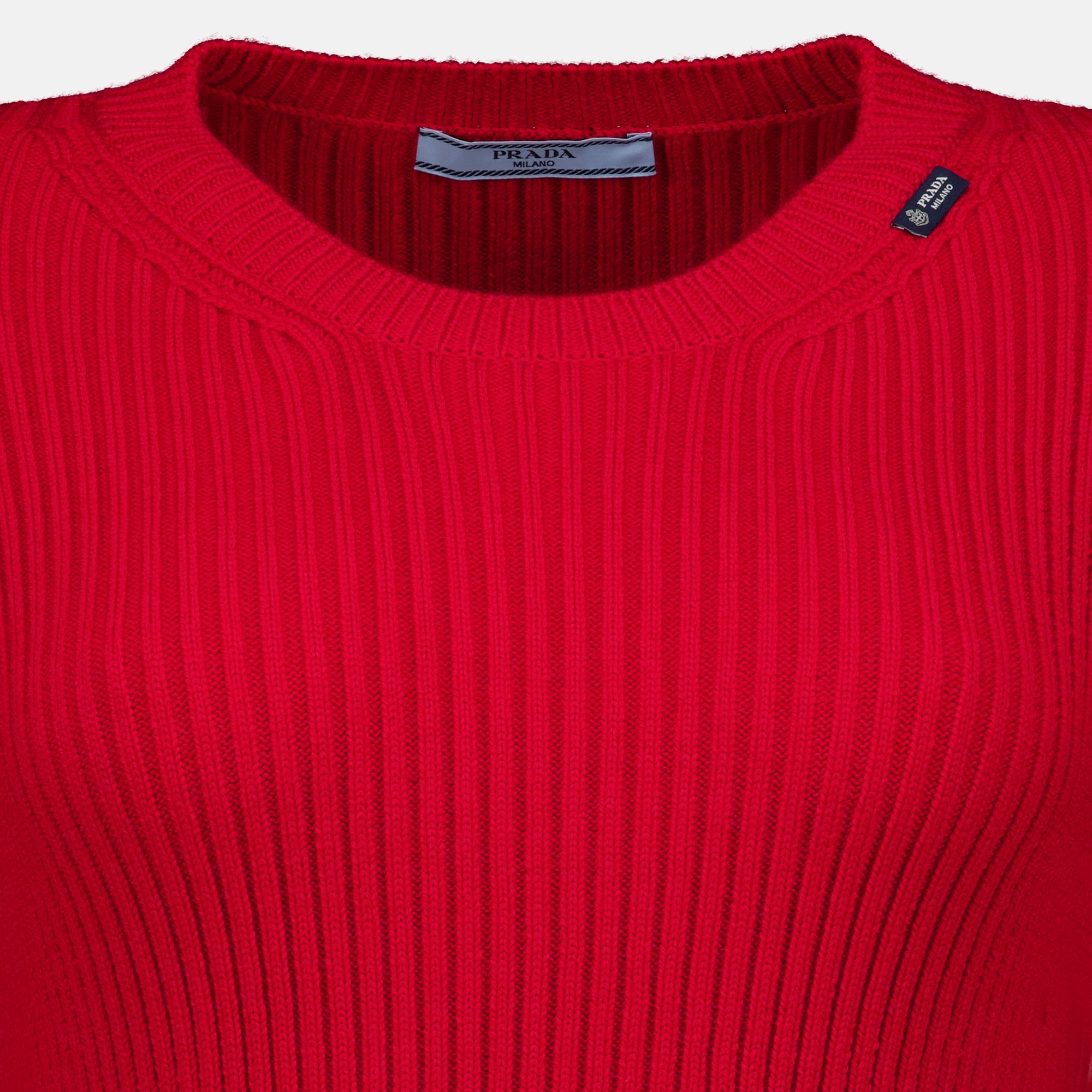 Maille 레드 컬러의 반소매 리브 니트 스웨터 Prada Rouge Femme