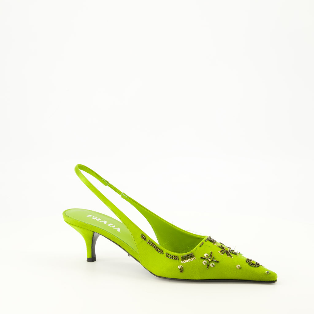 Escarpins グリーン刺繍サテンベイビーヒール Prada Vert Femme