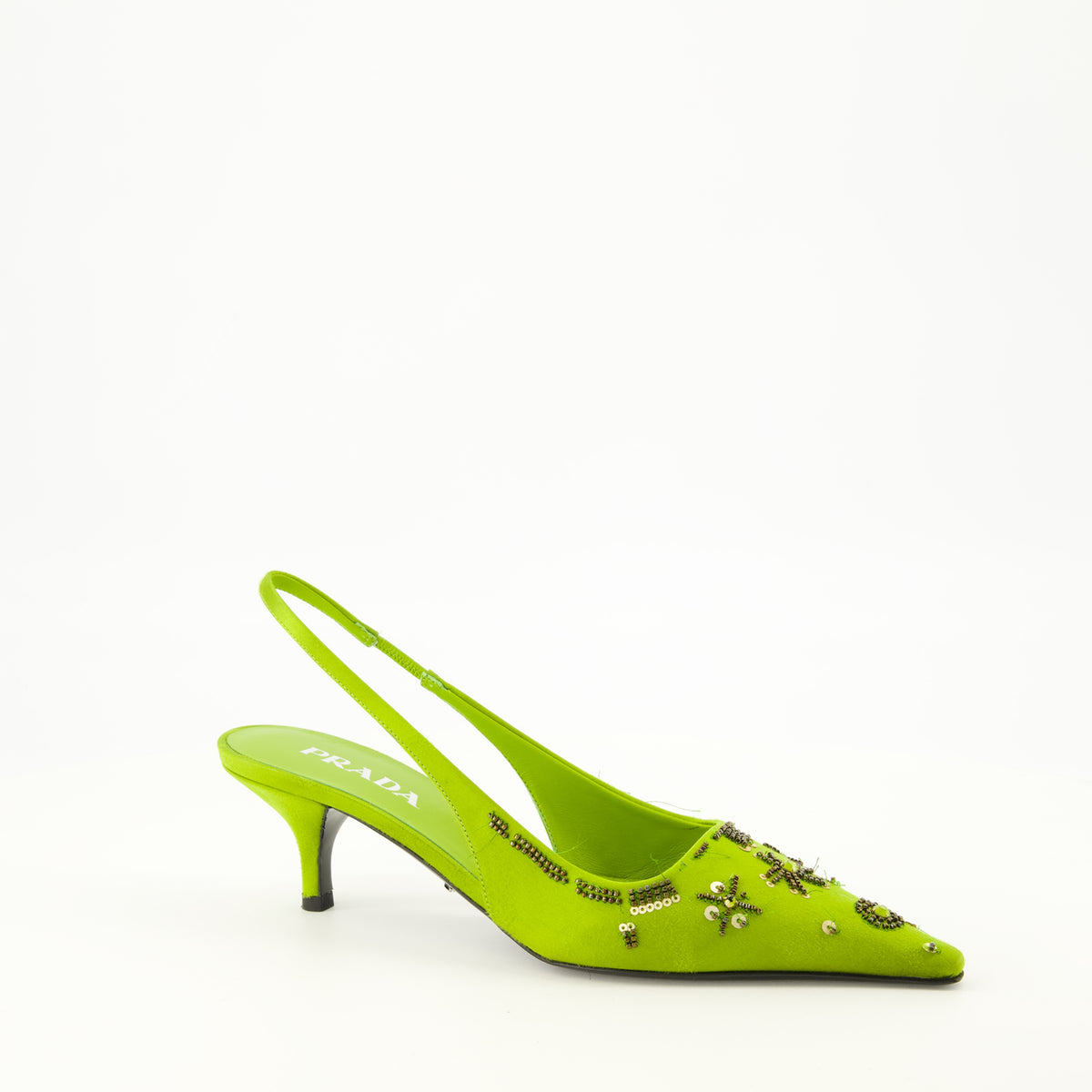 Escarpins グリーン刺繍サテンベイビーヒール Prada Vert Femme