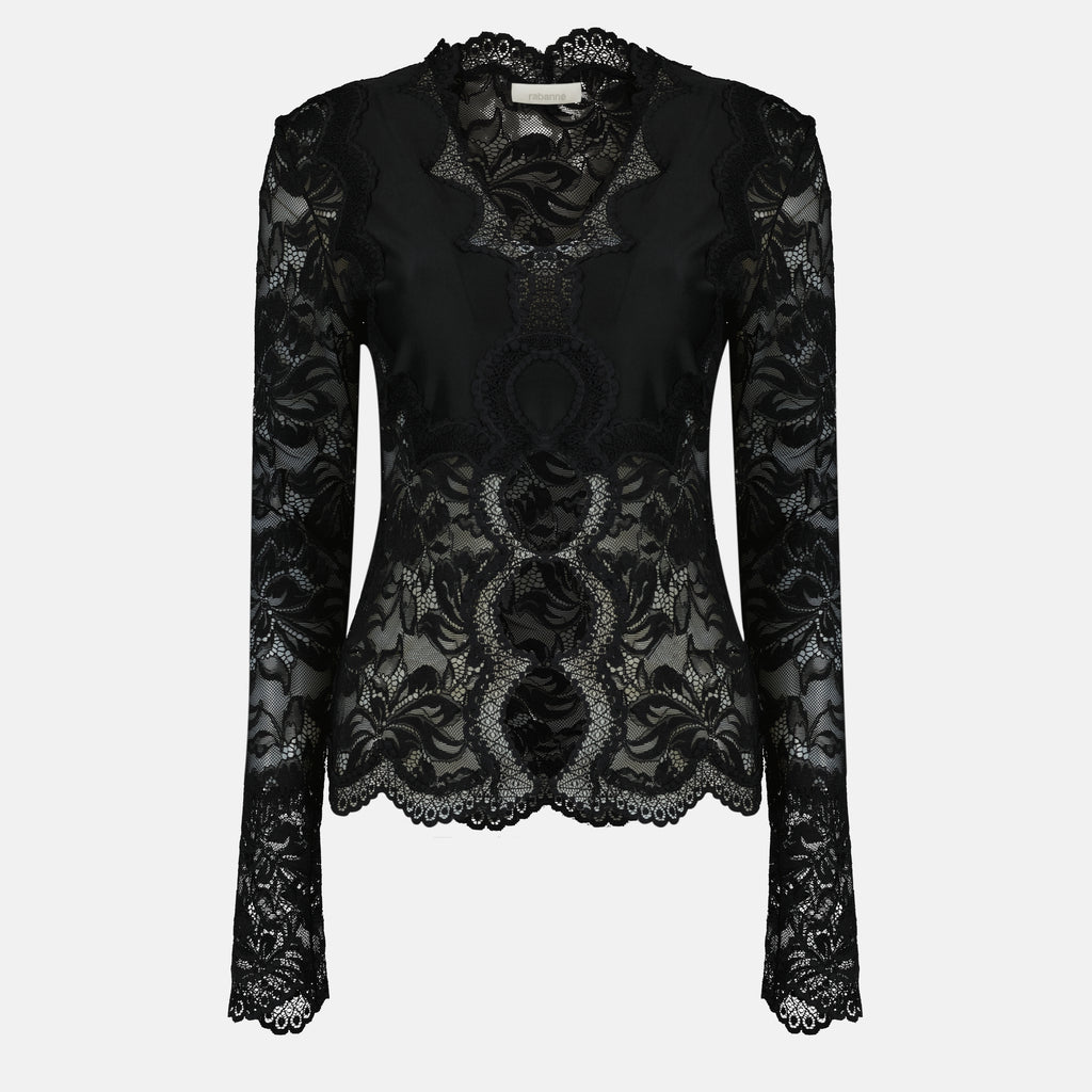 여성용 브랜드 Rabanne의 검은 레이스와 저지 탑 이미지 - 봄/여름 2026 - 전면 보기
