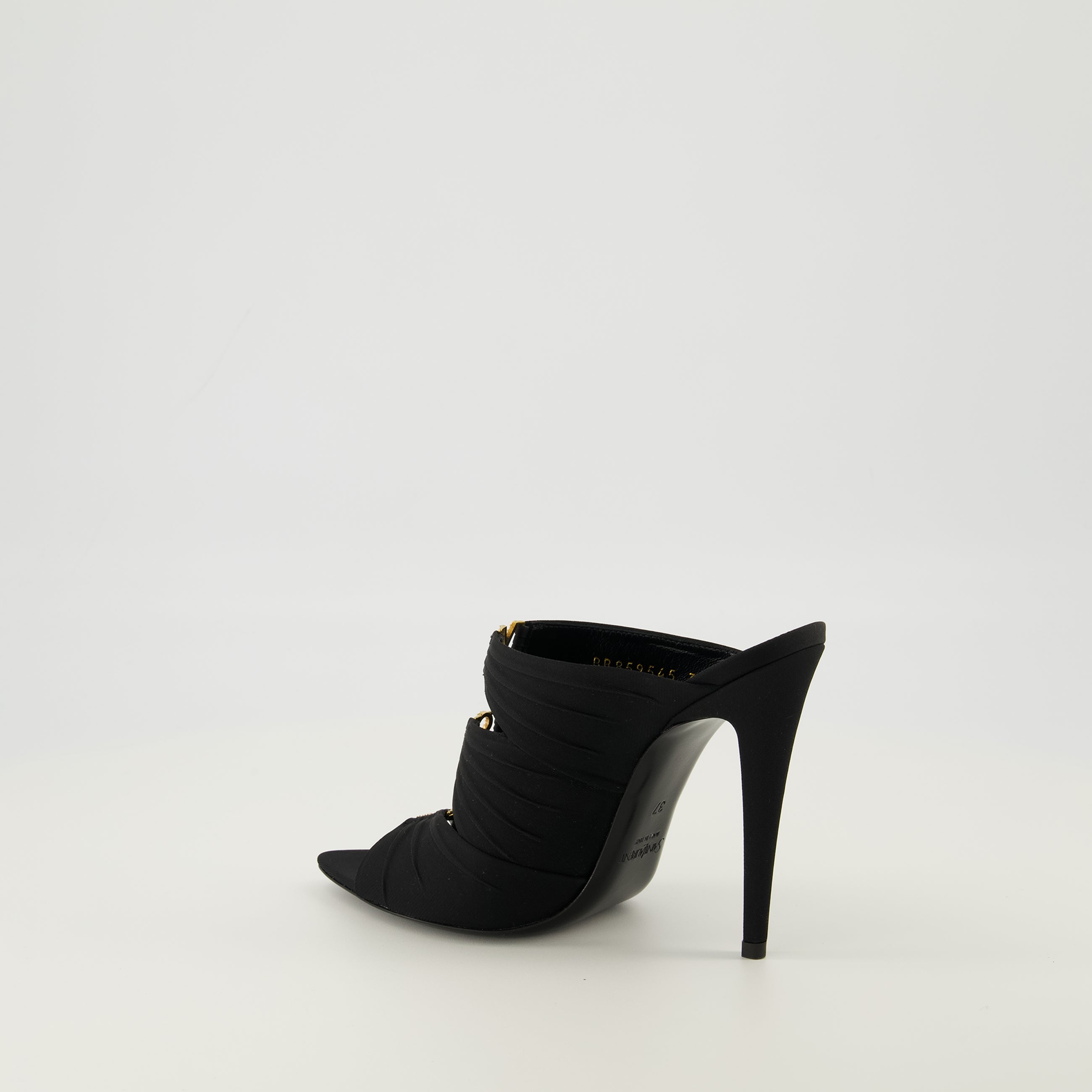 Imagen de las mule de tacón Emilie negra de la marca Saint Laurent para Mujer - Temporada Primavera-Verano 2026 - Vista en tres cuartos trasera derecha