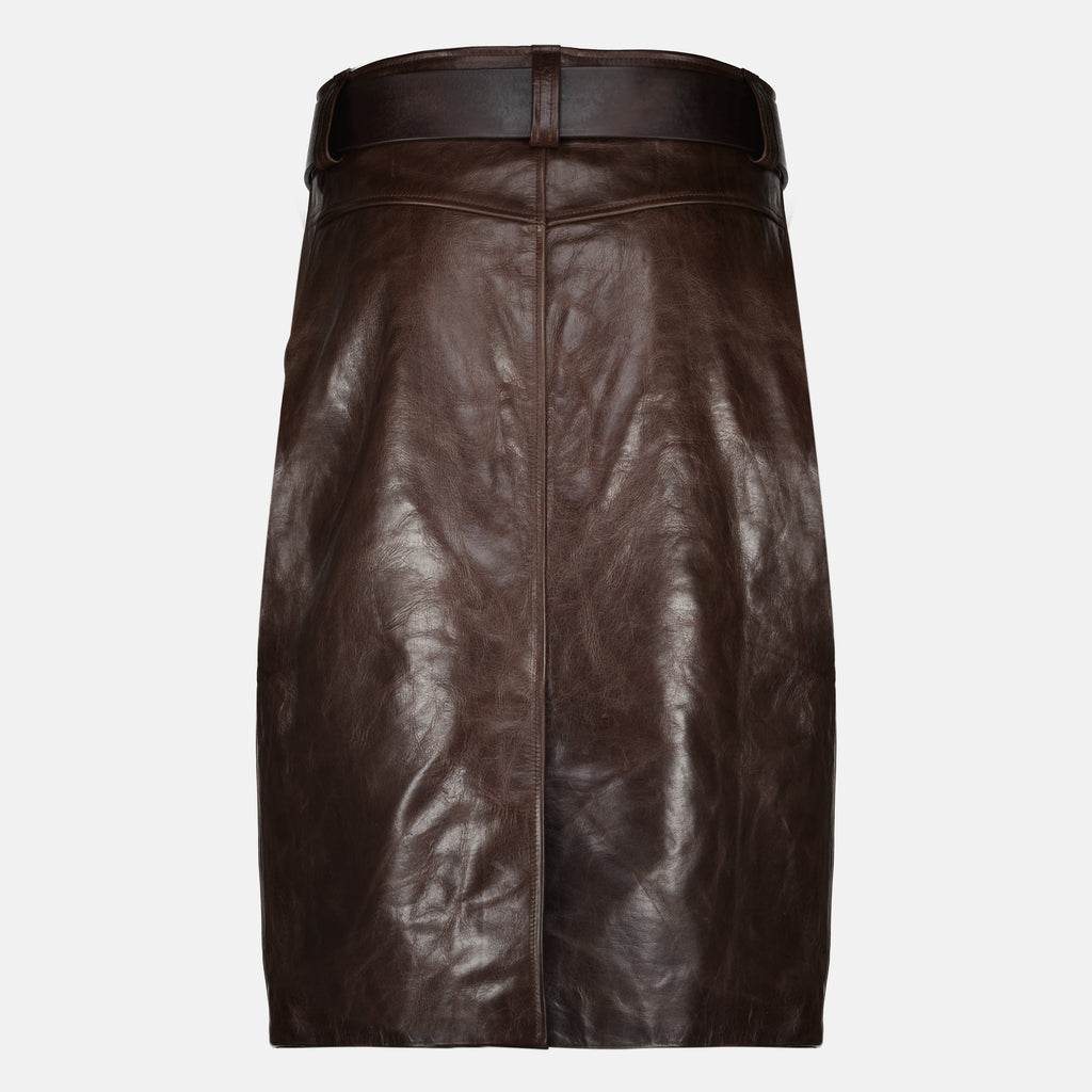 Imagen de la falda lápiz de cuero marrón de Saint Laurent para mujer - Temporada Primavera-Verano 2026 - Vista Trasera