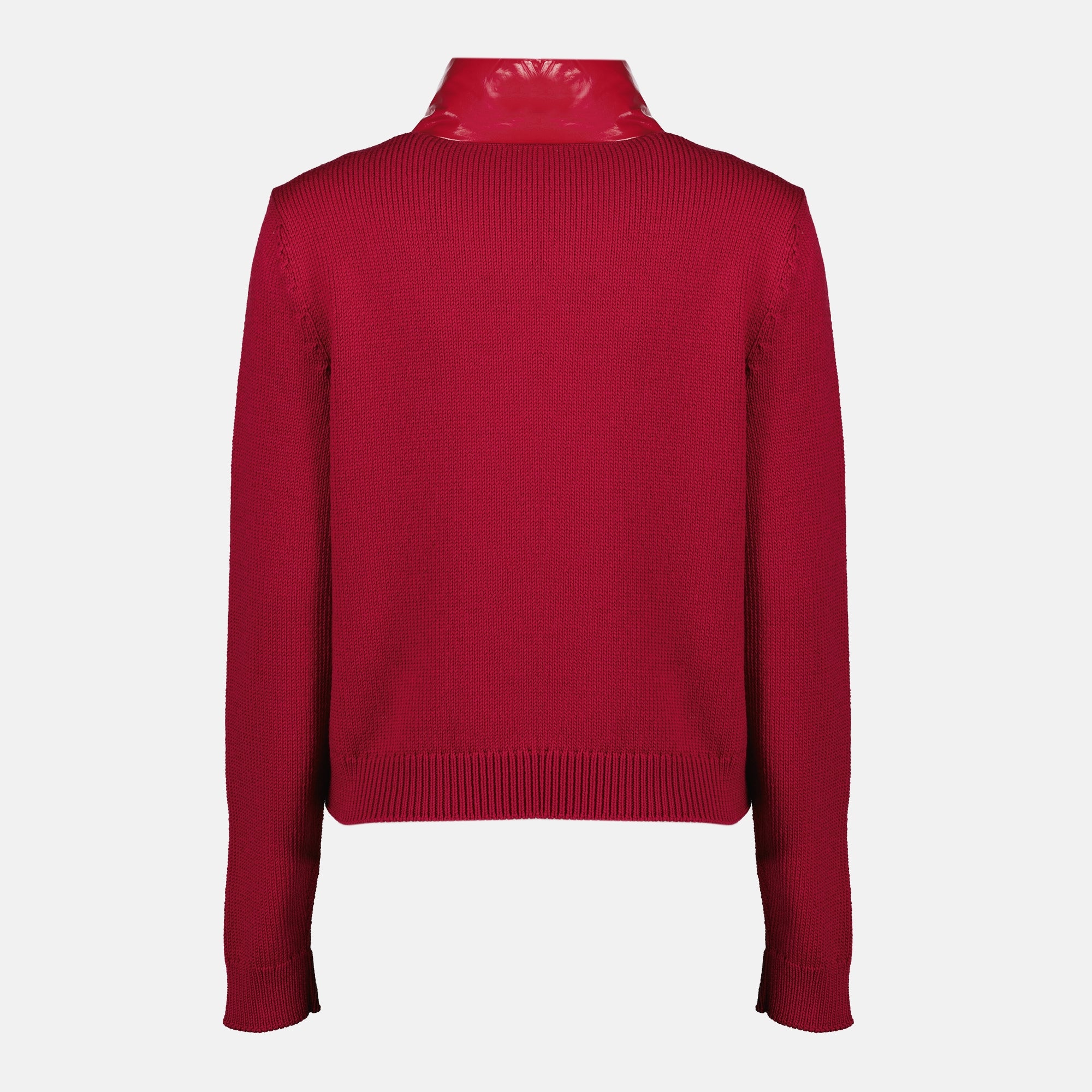 Image of the red bi-material zip-up cardigan from the Moncler brand for Women - Spring-Summer 2026 - Back View