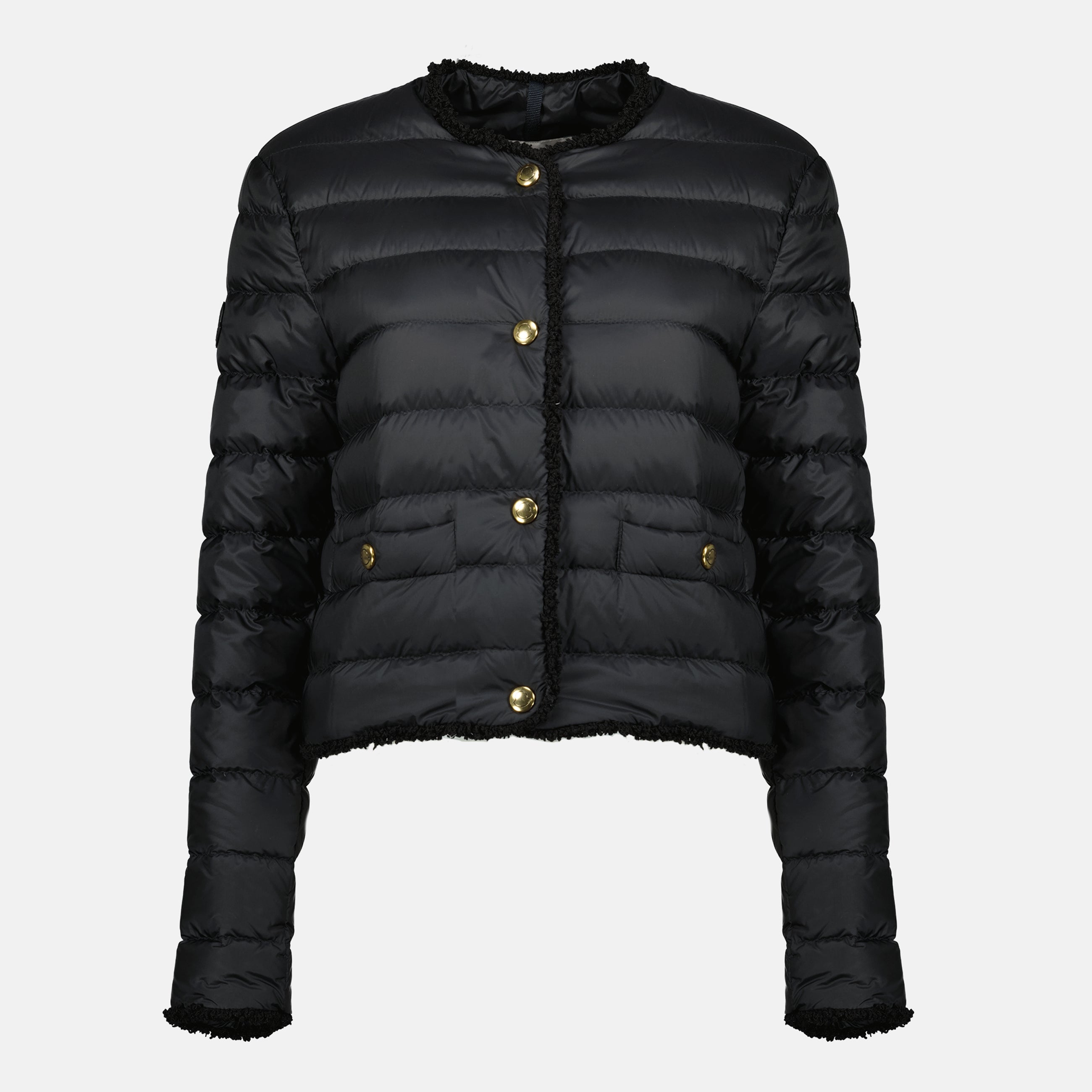 Image of the Moncler Women's Short Floral Black Down Jacket - Spring-Summer 2026 - Front View