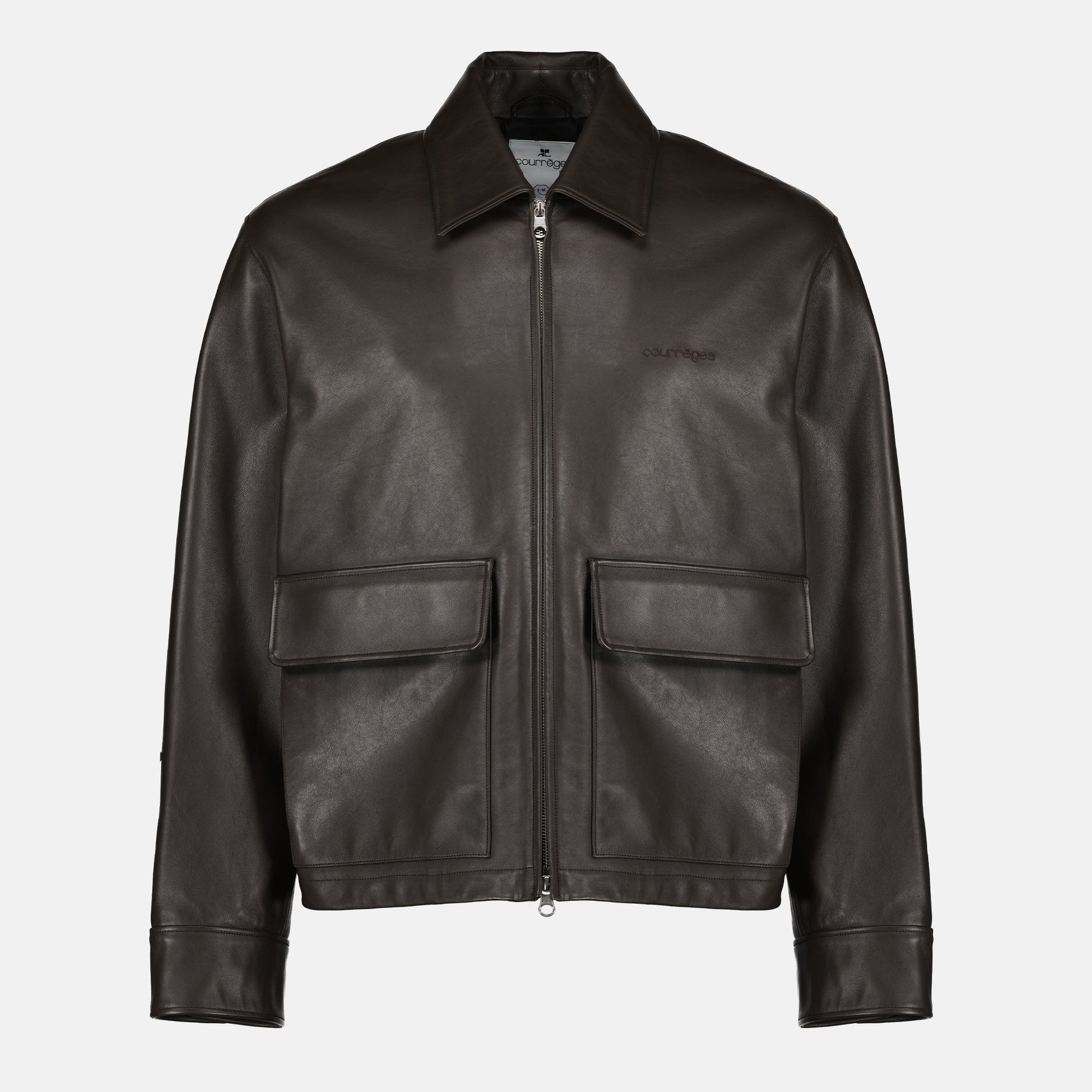 Image of the item Brown leather zip jacket by Courrèges for Men - Spring-Summer 2026 - Front view
