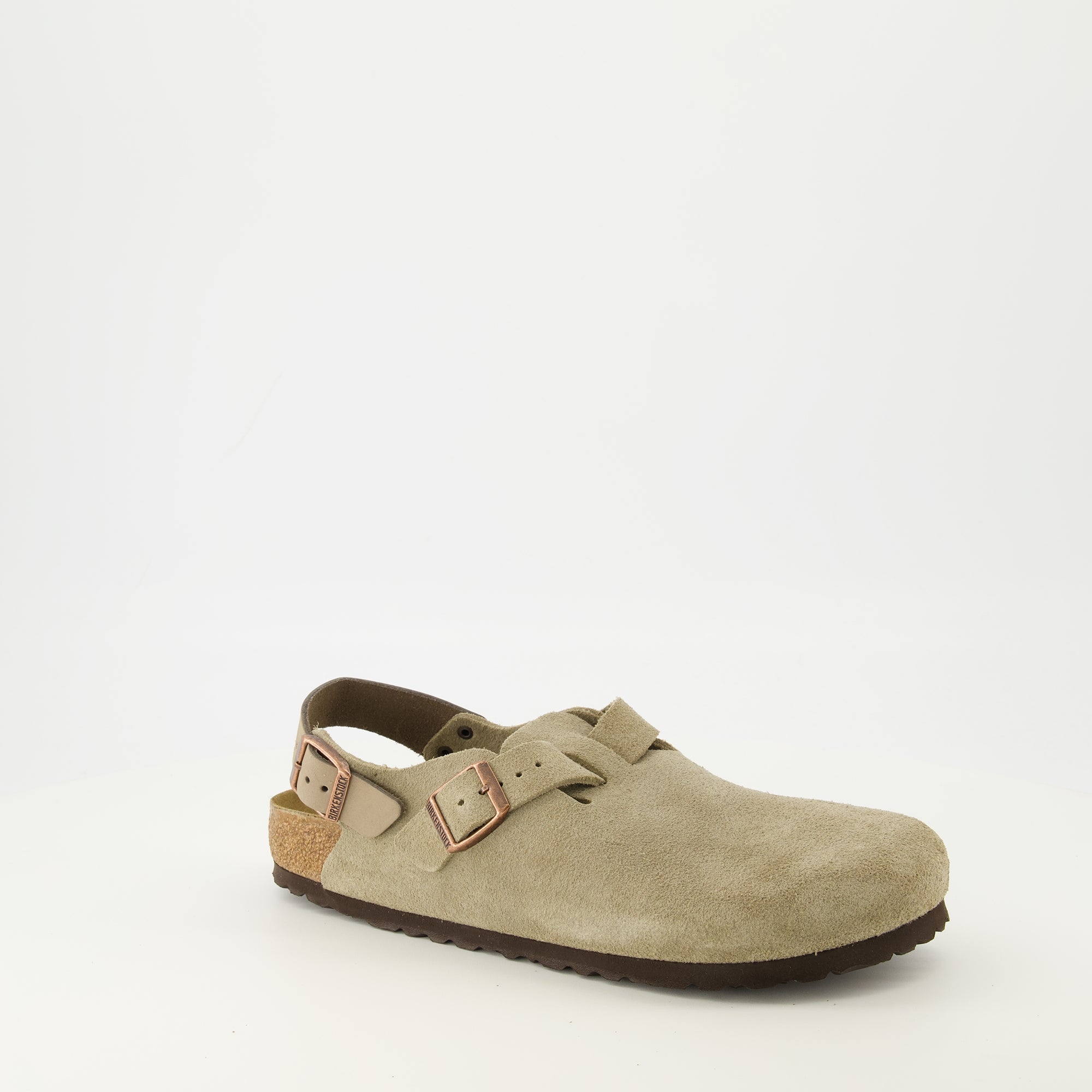 Image of the Birkenstock Tokio taupe mules for Unisex - Spring-Summer 2026 - Three-quarter right front view