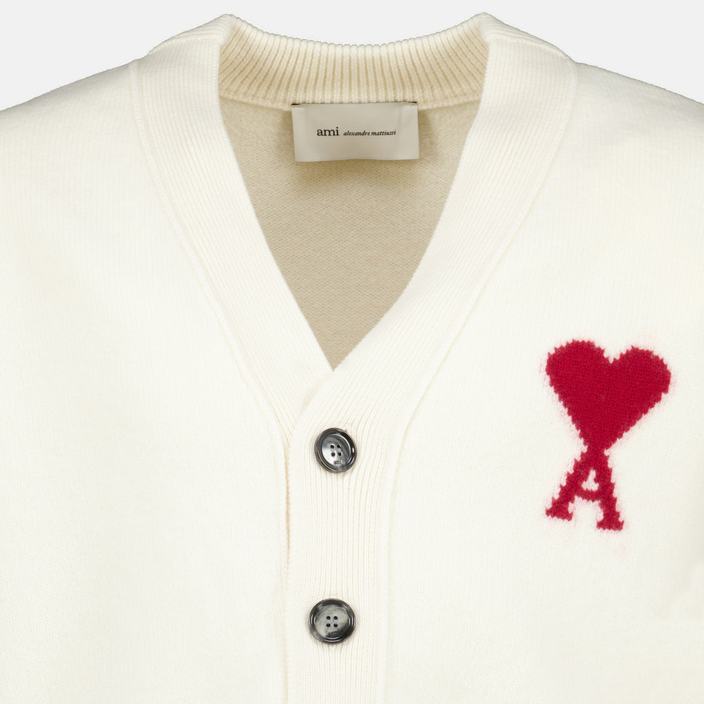 Maille AMI Heart Cardigan in White Wool Ami PARIS Blanc Unisexe
