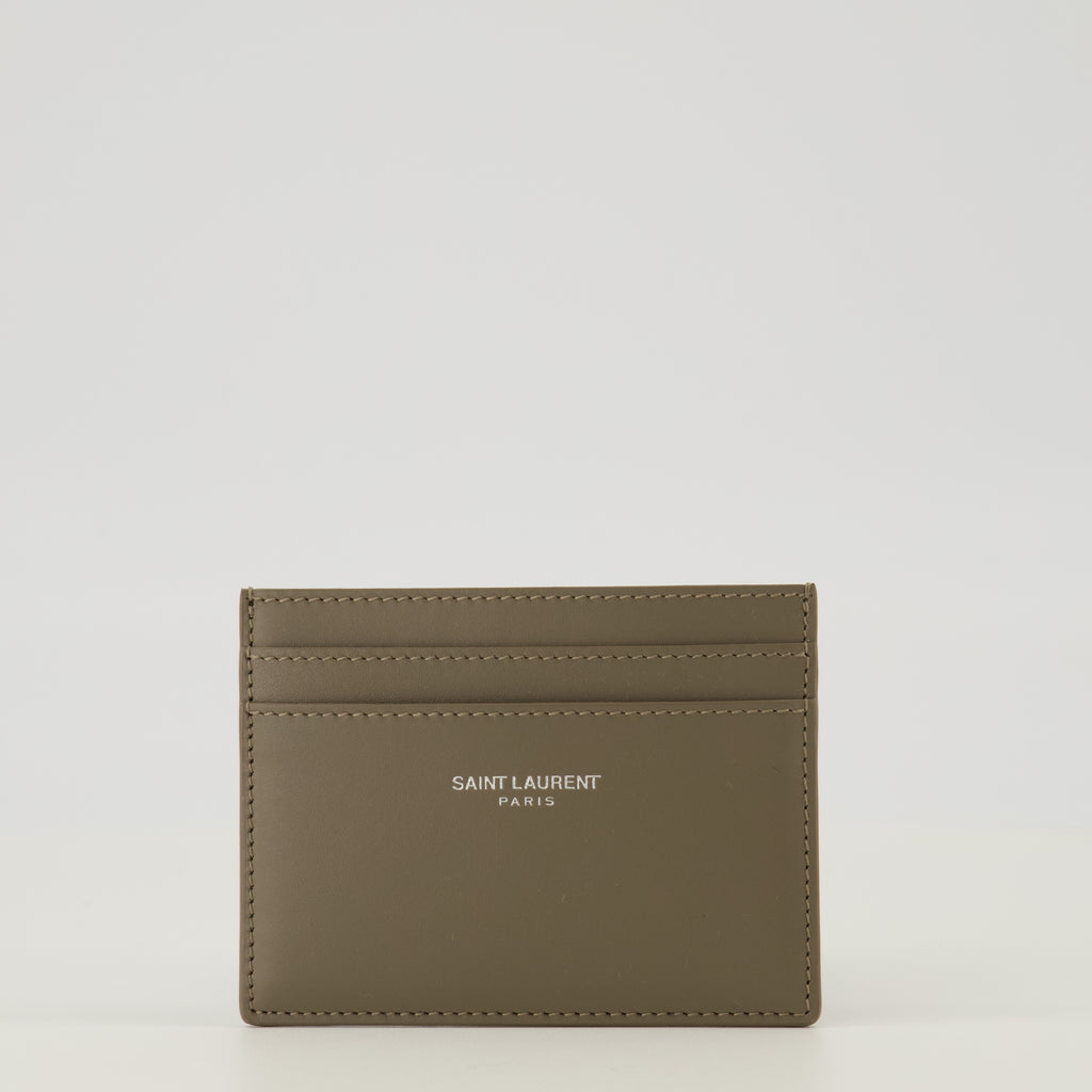 Image of the khaki leather cardholder from the brand Saint Laurent for Men - Spring-Summer 2026 - Front View