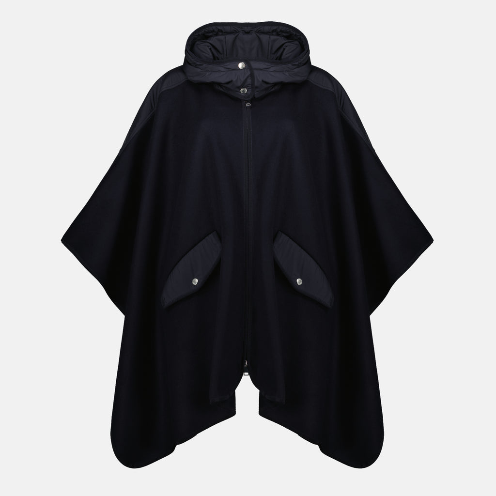 Image of the dark blue wool cape from the Moncler brand for Women - Spring-Summer 2026 - Front View